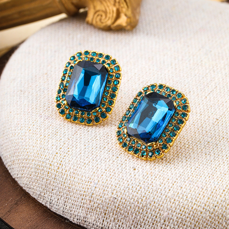 New geometric inlaid sapphire vintage earrings personalized retro earrings