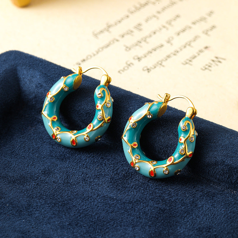 Retro high-end thorn colored enamel earrings, niche personality, fashionable and light luxury ear clips