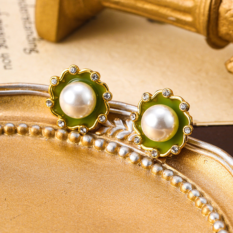 Retro enamel silver needle earrings pearl female Bohemian personality vintage earrings