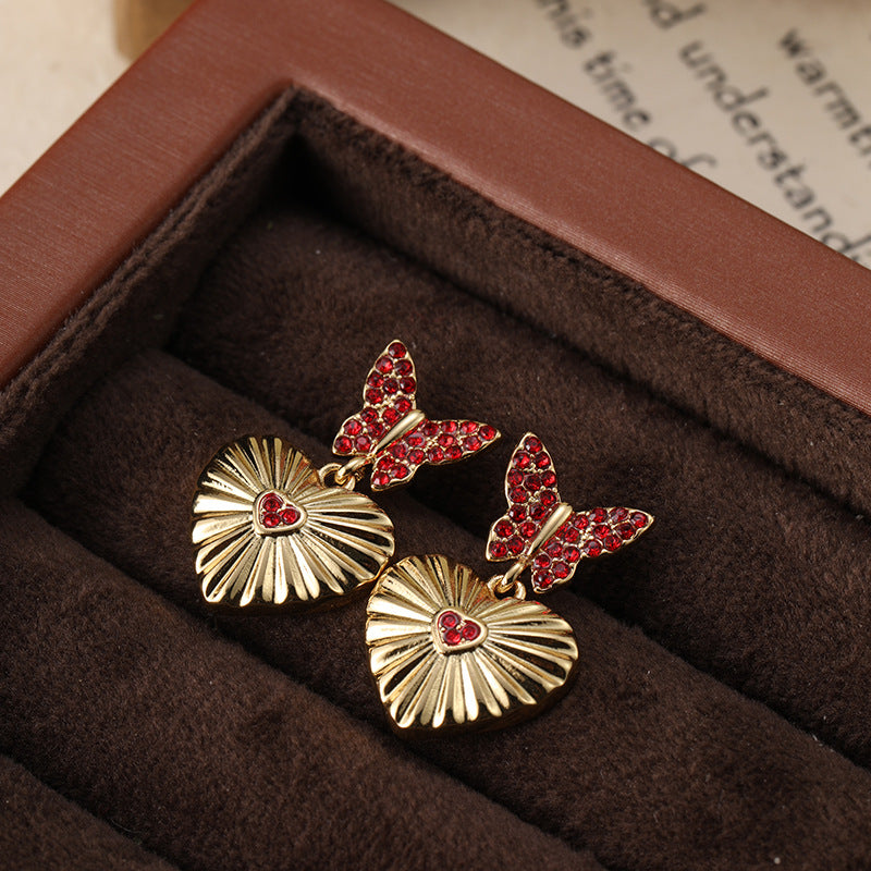 Full diamond butterfly heart retro earrings French light luxury gold-plated earrings silver needles