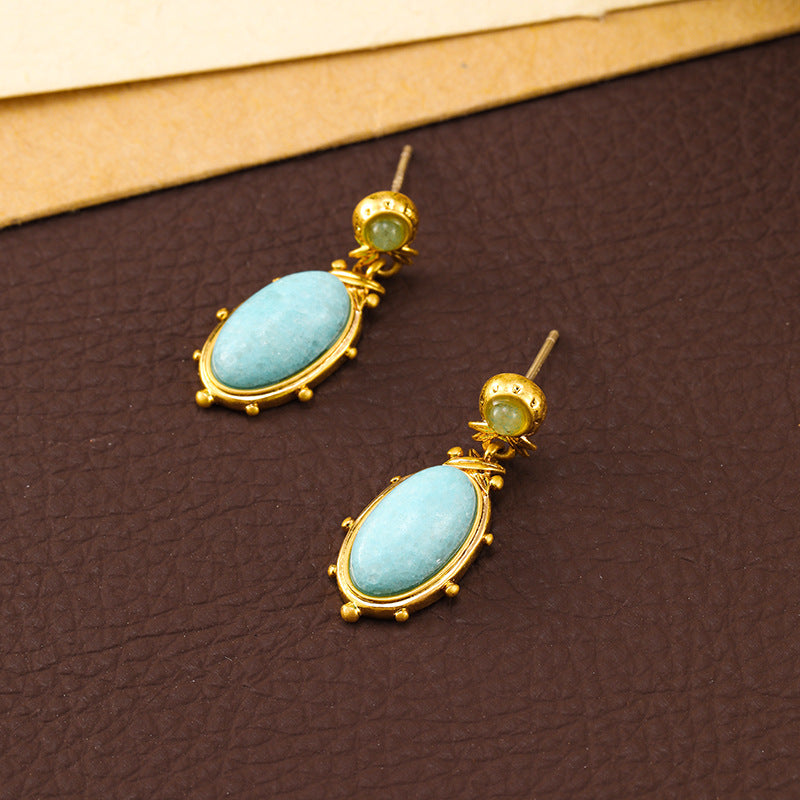Oval natural stone ethnic style earrings for women, retro niche national style earrings, silver needles