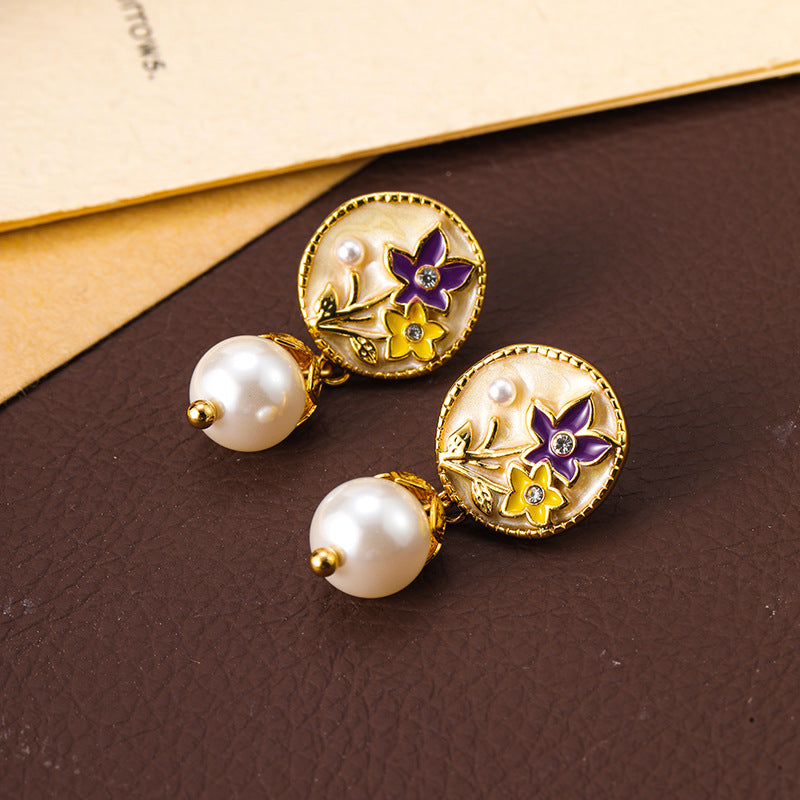 French fresh and fashionable colorful oil-drop flower pearl earrings, light luxury and high-end silver needle earrings