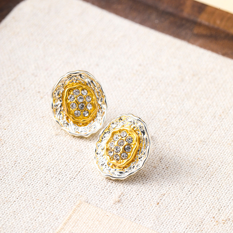 Pleated button gold and silver contrast retro earrings niche design versatile earrings