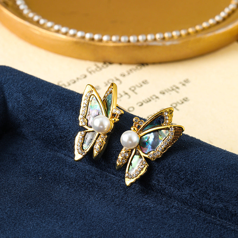 Original S925 silver needle abalone butterfly earrings pearl earrings