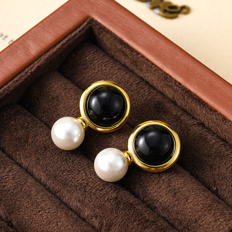 Retro round amethyst pearl earrings, niche atmosphere, personality, versatile temperament earrings for women