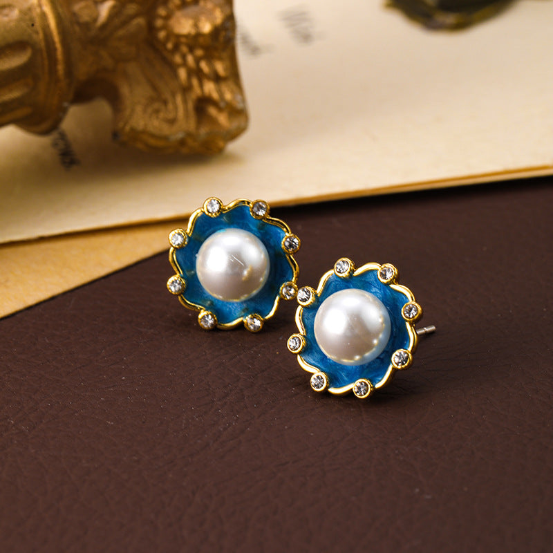 Retro enamel silver needle earrings pearl female Bohemian personality vintage earrings