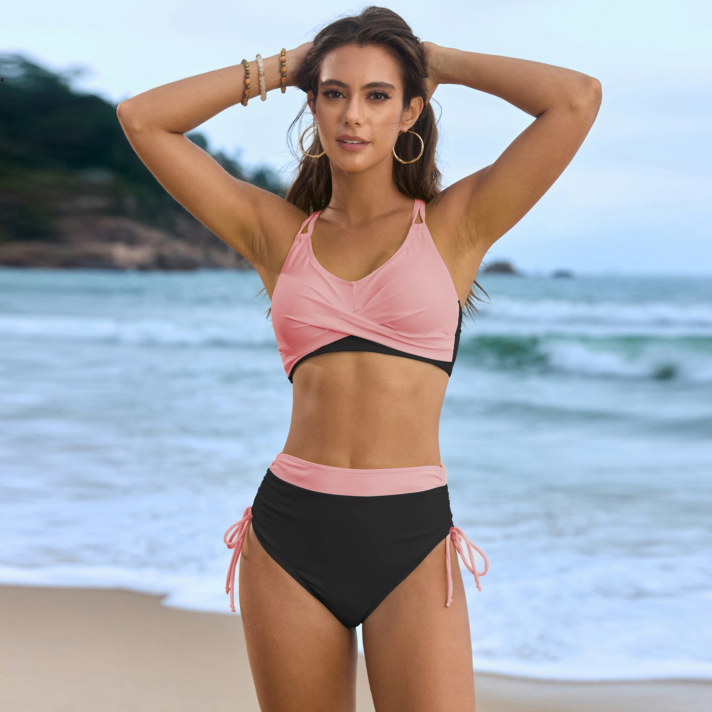 2025 new swimsuit solid color splicing tie cross bag split bikini bikini