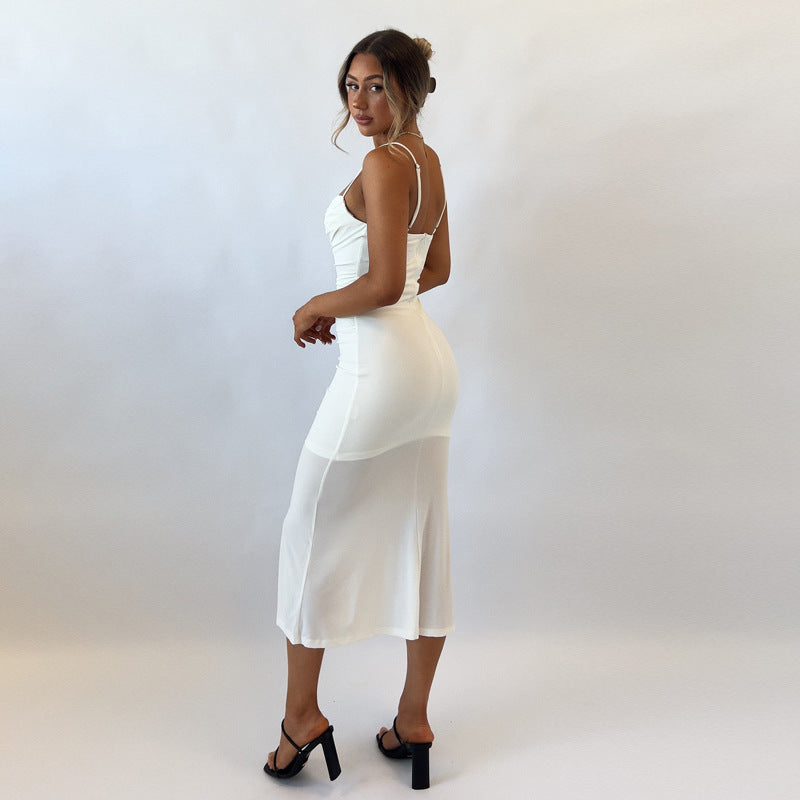 Sexy high waist suspender dress new summer style temperament slim fit long sleeveless milk silk skirt