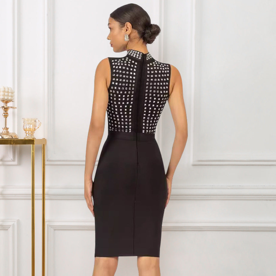 High-end heavy-duty diamond-studded black mesh see-through bandage women's tight sexy slim-fitting dress