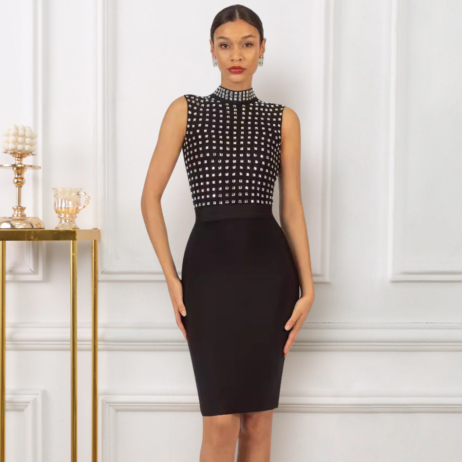 High-end heavy-duty diamond-studded black mesh see-through bandage women's tight sexy slim-fitting dress