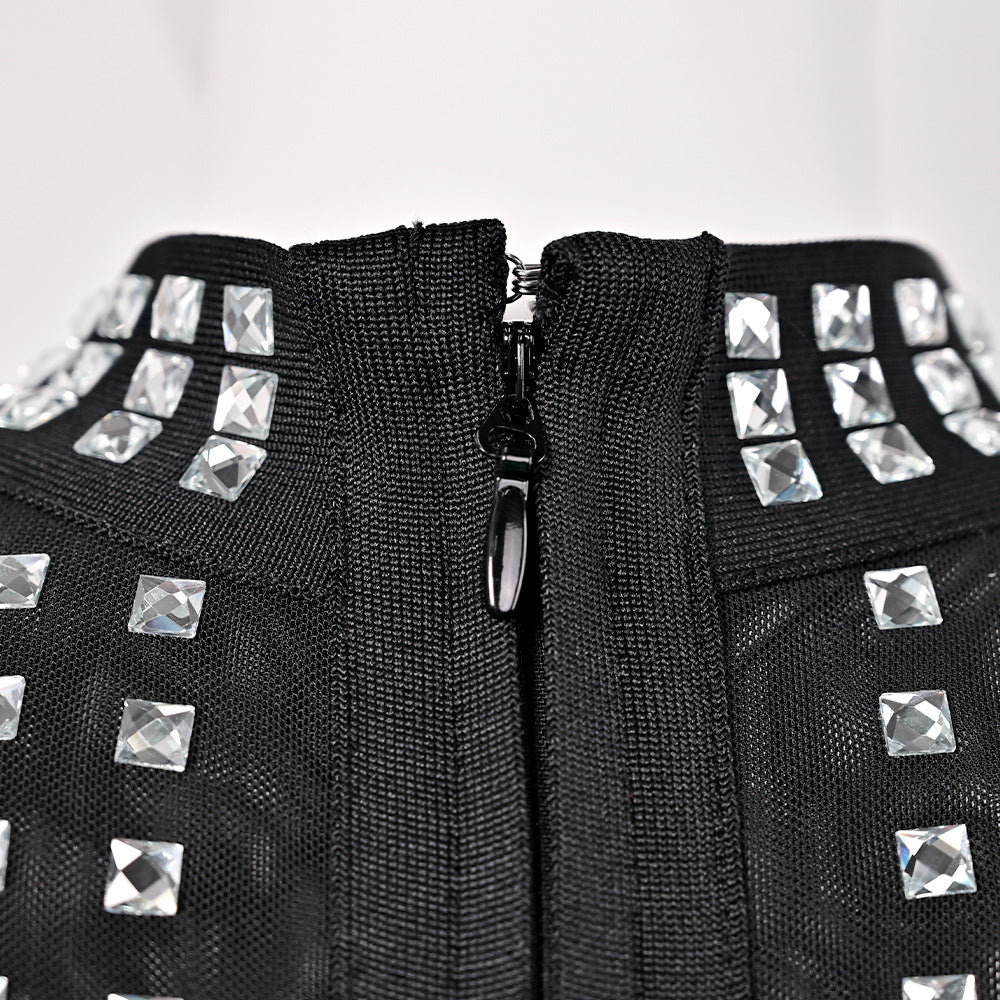 High-end heavy-duty diamond-studded black mesh see-through bandage women's tight sexy slim-fitting dress