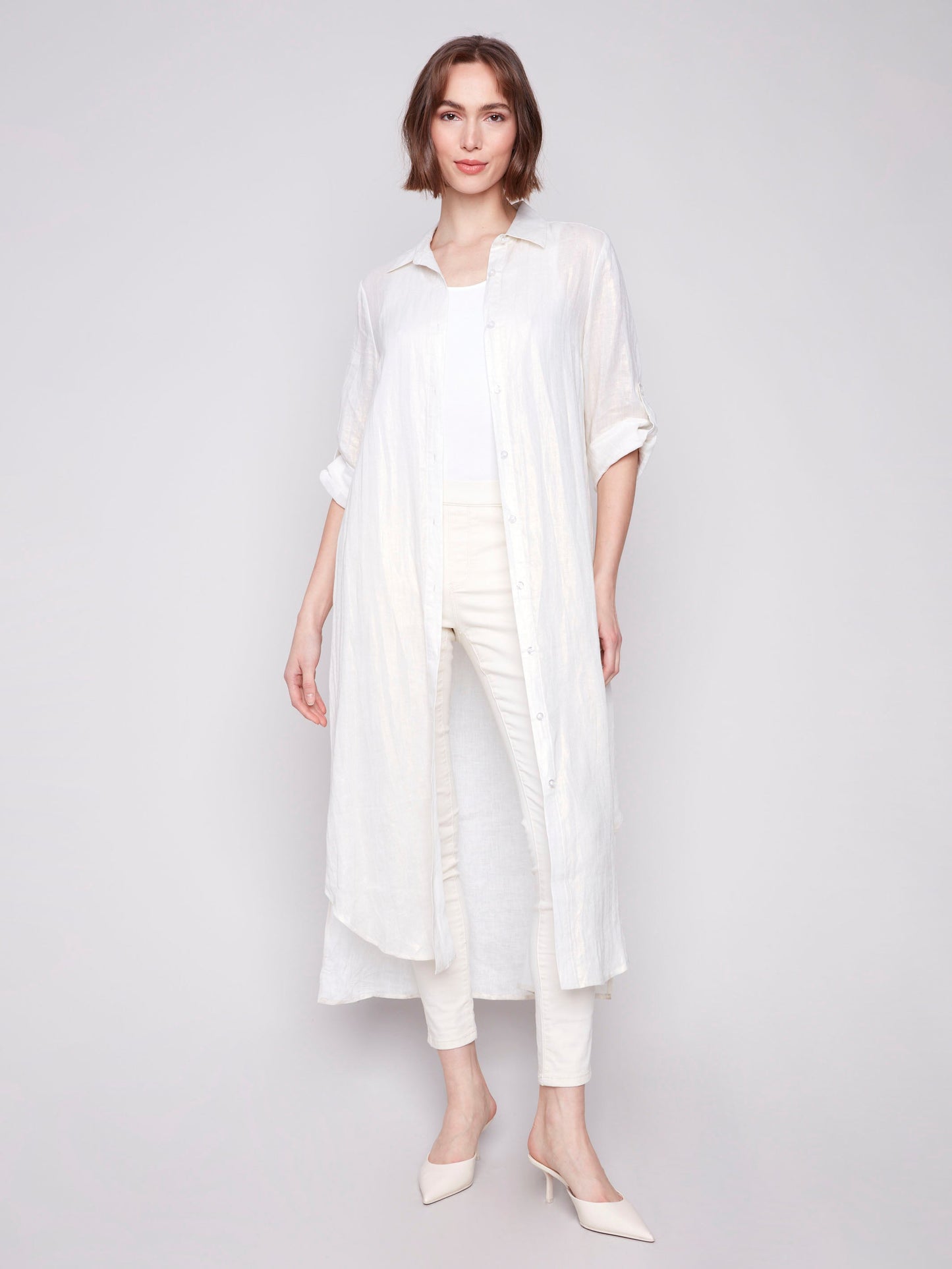 Foil Print Linen Blend Tunic Dress - Champagne