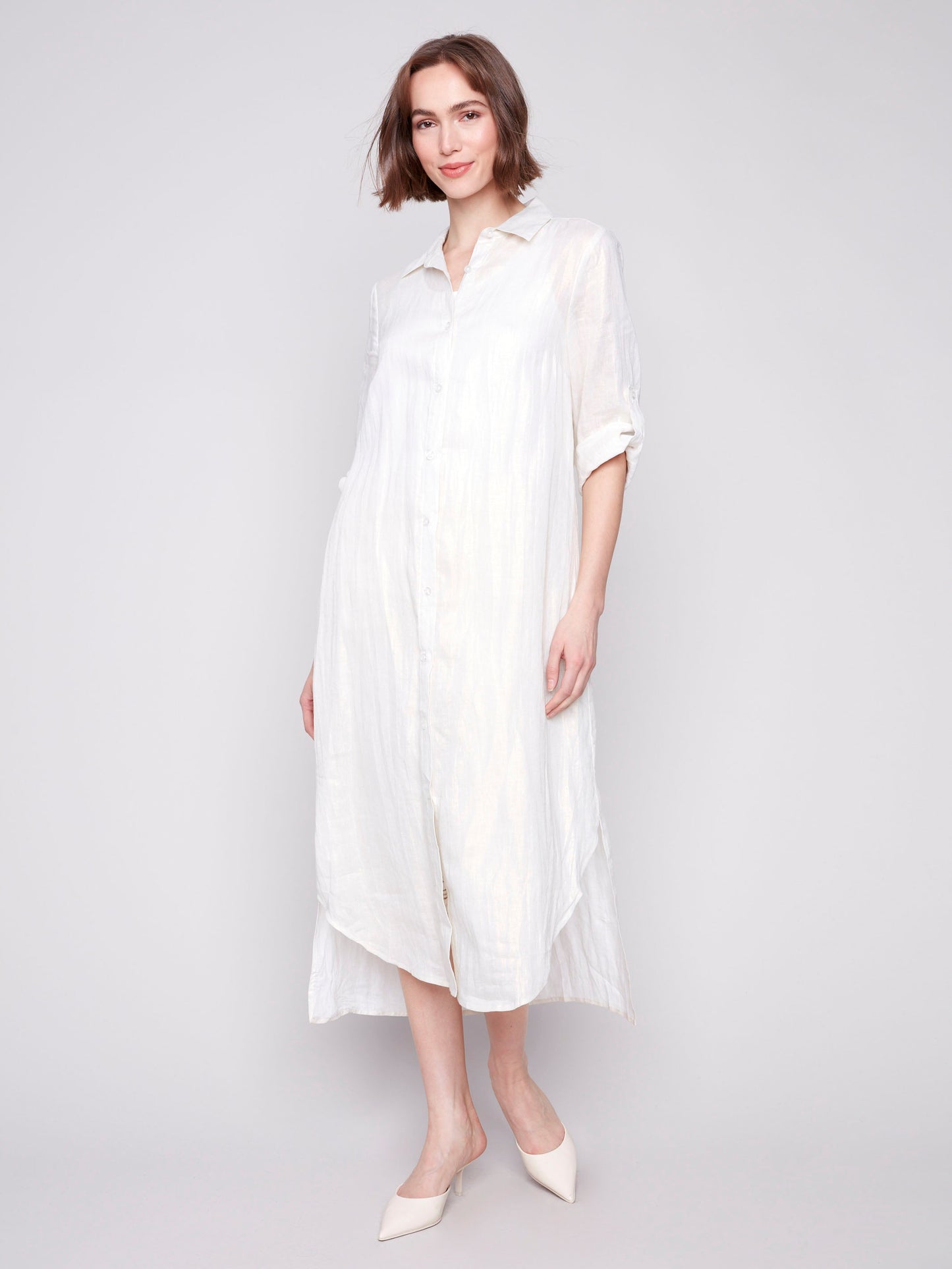 Foil Print Linen Blend Tunic Dress - Champagne