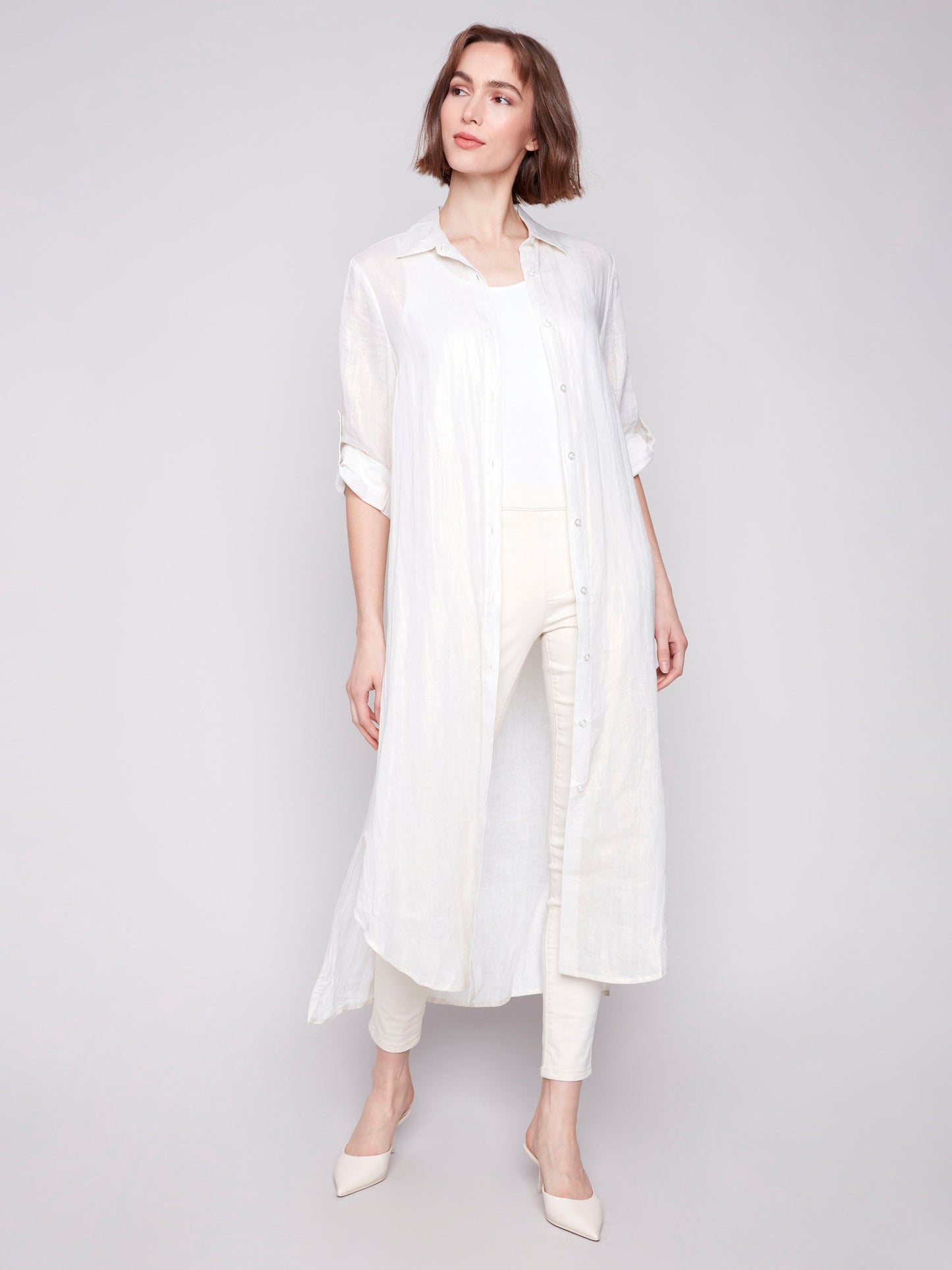 Foil Print Linen Blend Tunic Dress - Champagne
