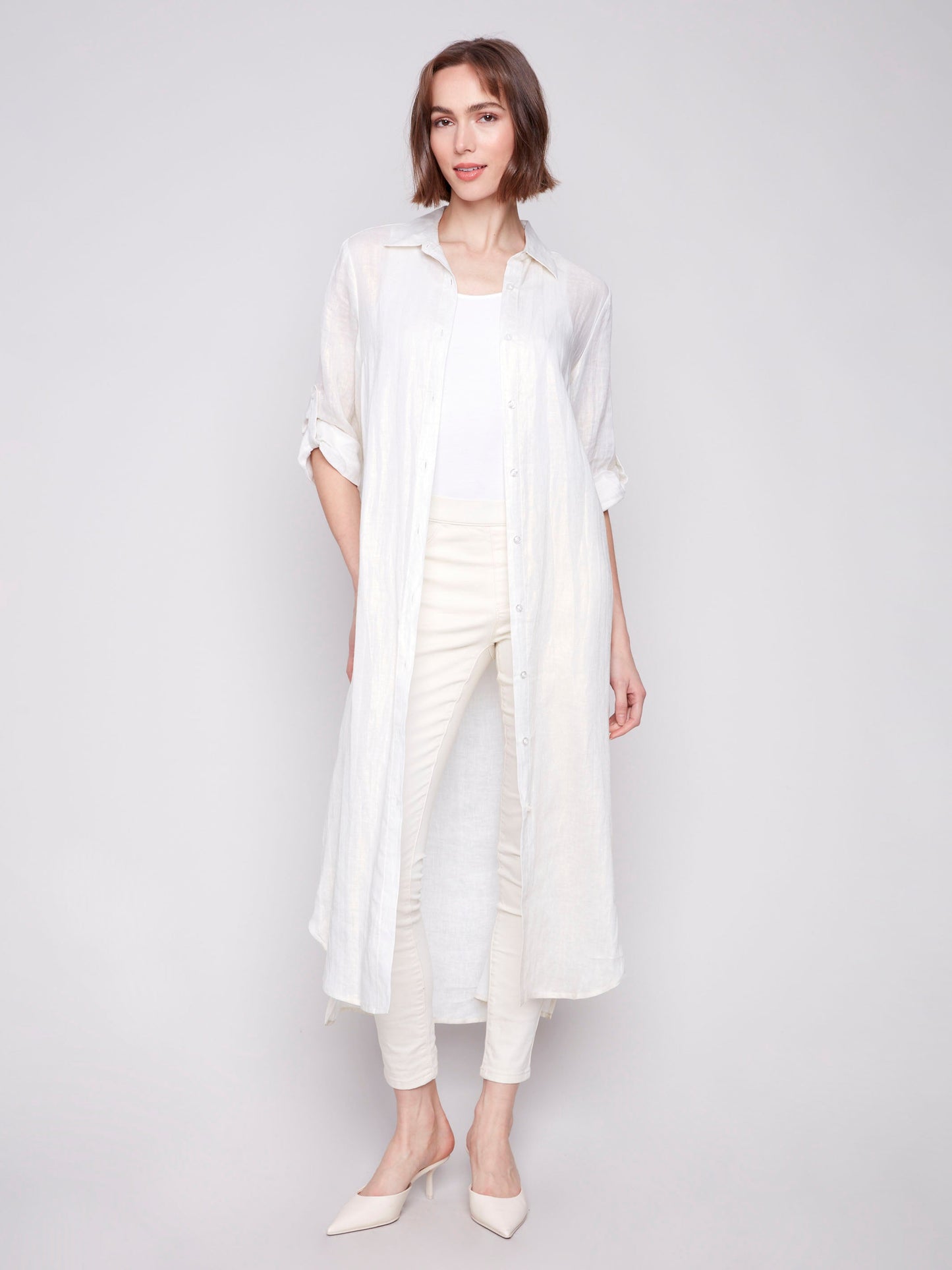 Foil Print Linen Blend Tunic Dress - Champagne