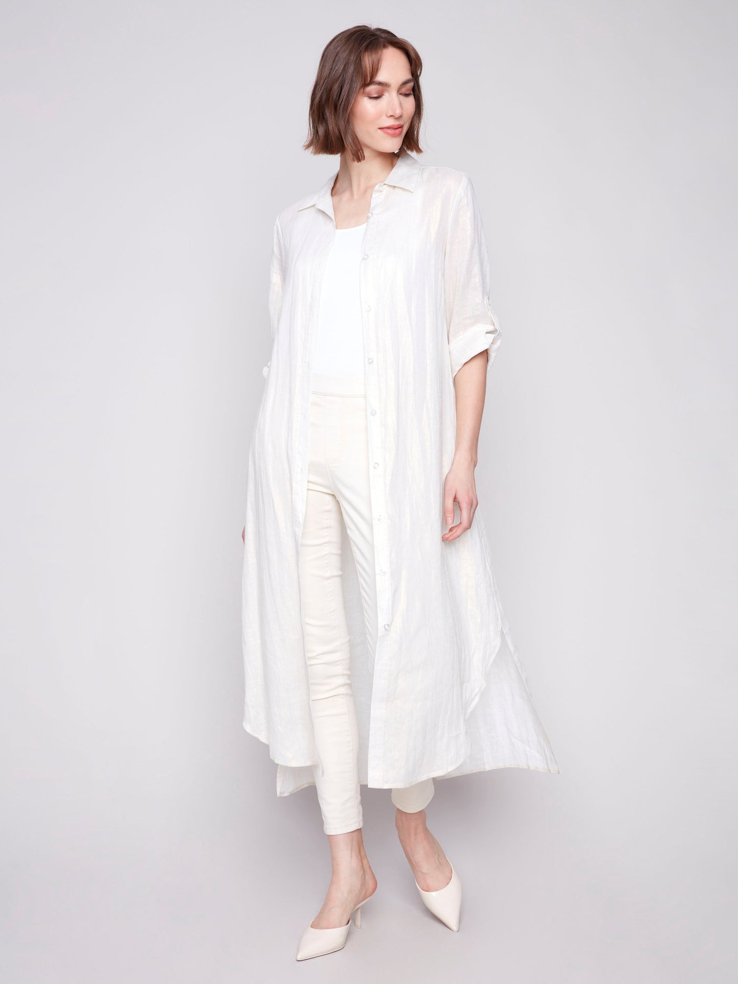 Foil Print Linen Blend Tunic Dress - Champagne
