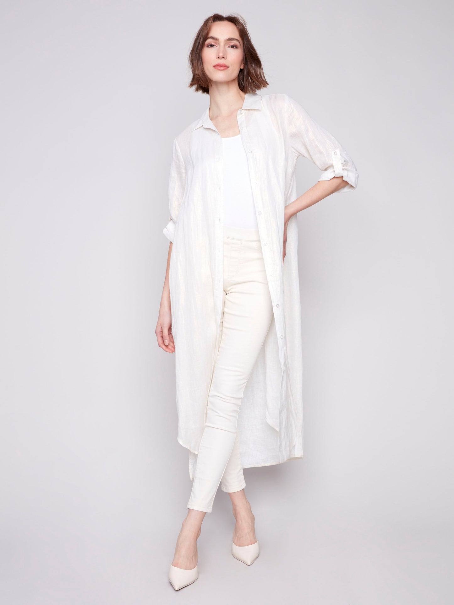 Foil Print Linen Blend Tunic Dress - Champagne