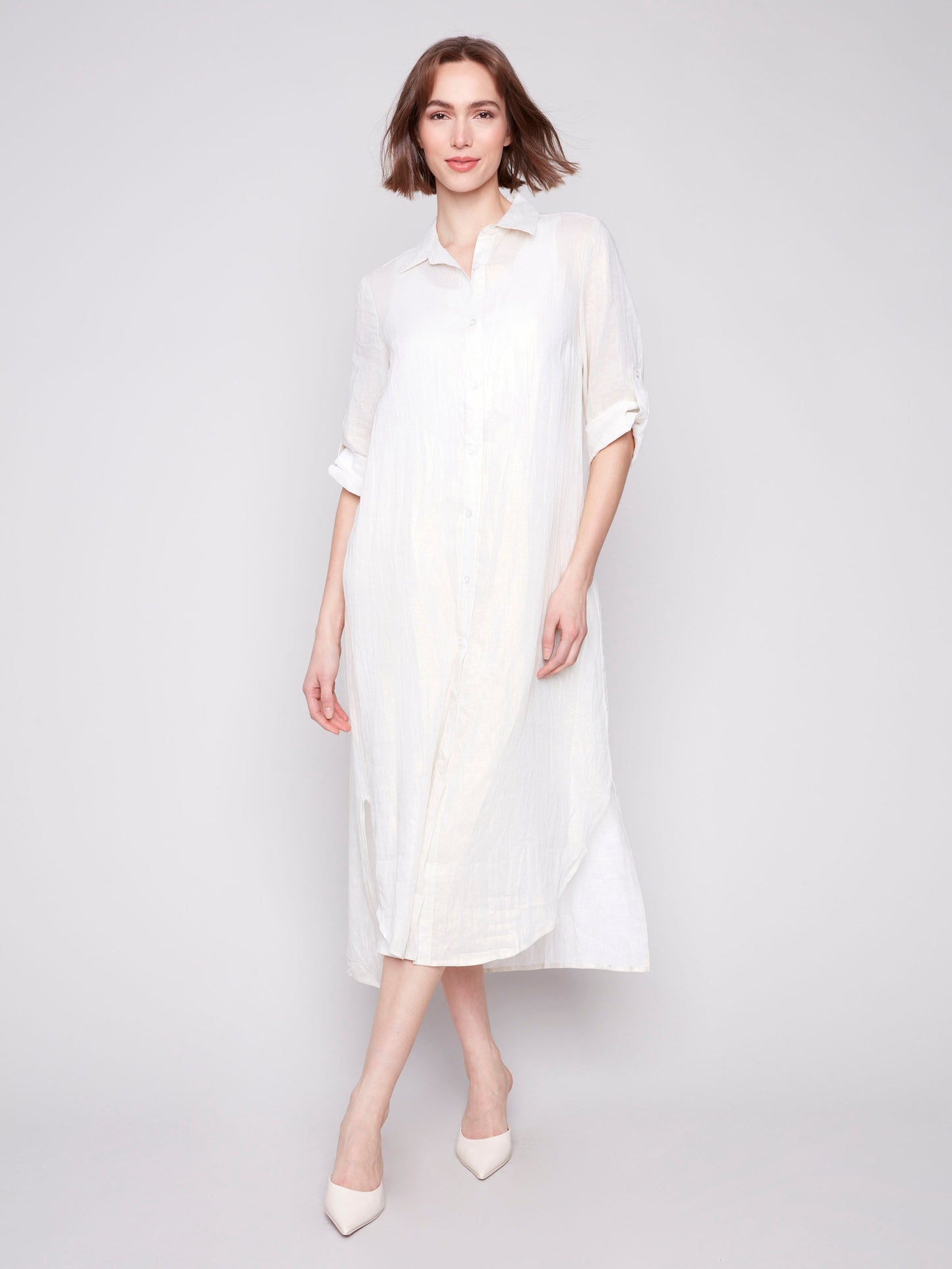 Foil Print Linen Blend Tunic Dress - Champagne