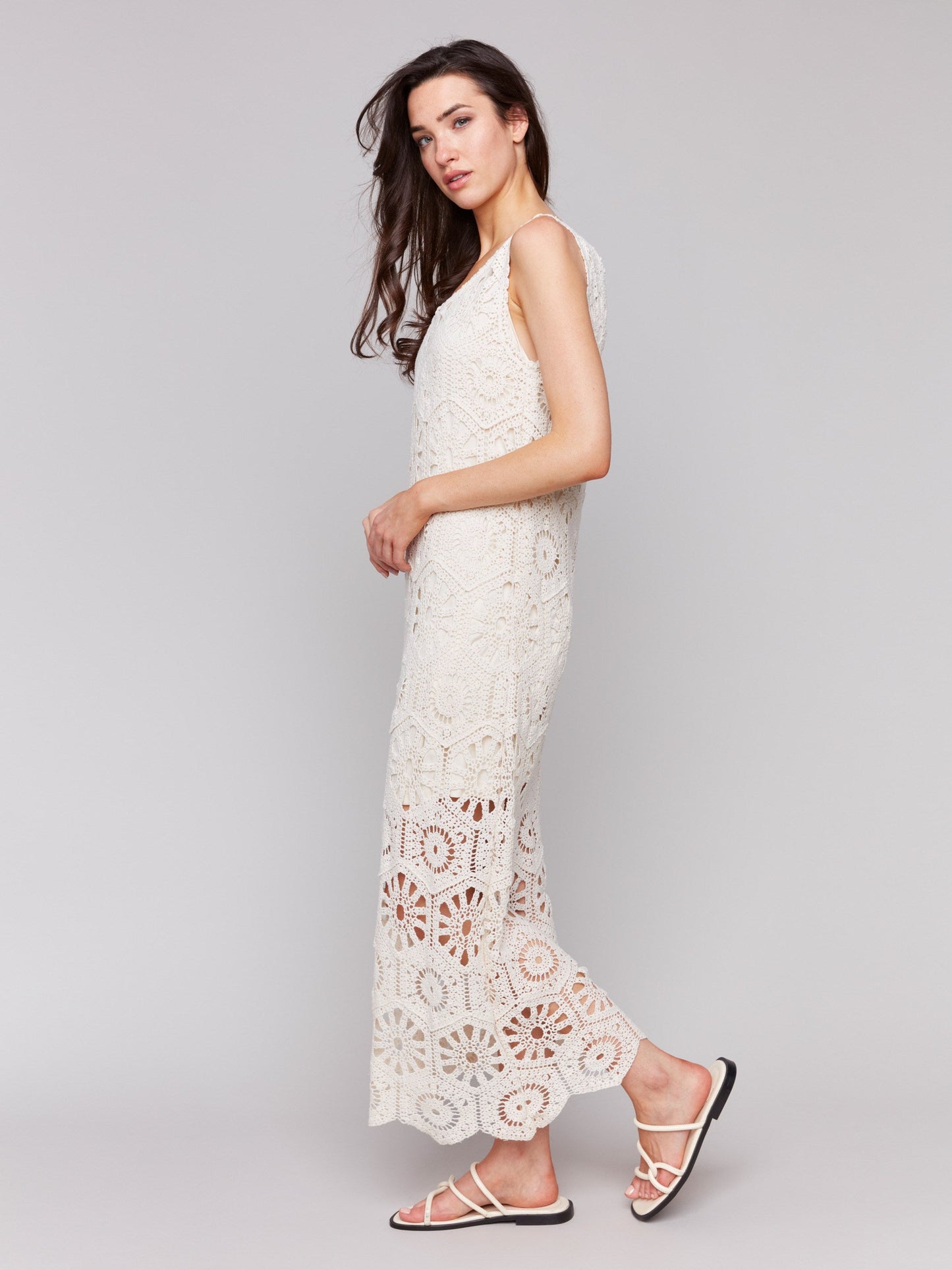 Cotton Crochet Sleeveless Maxi Dress - Natural