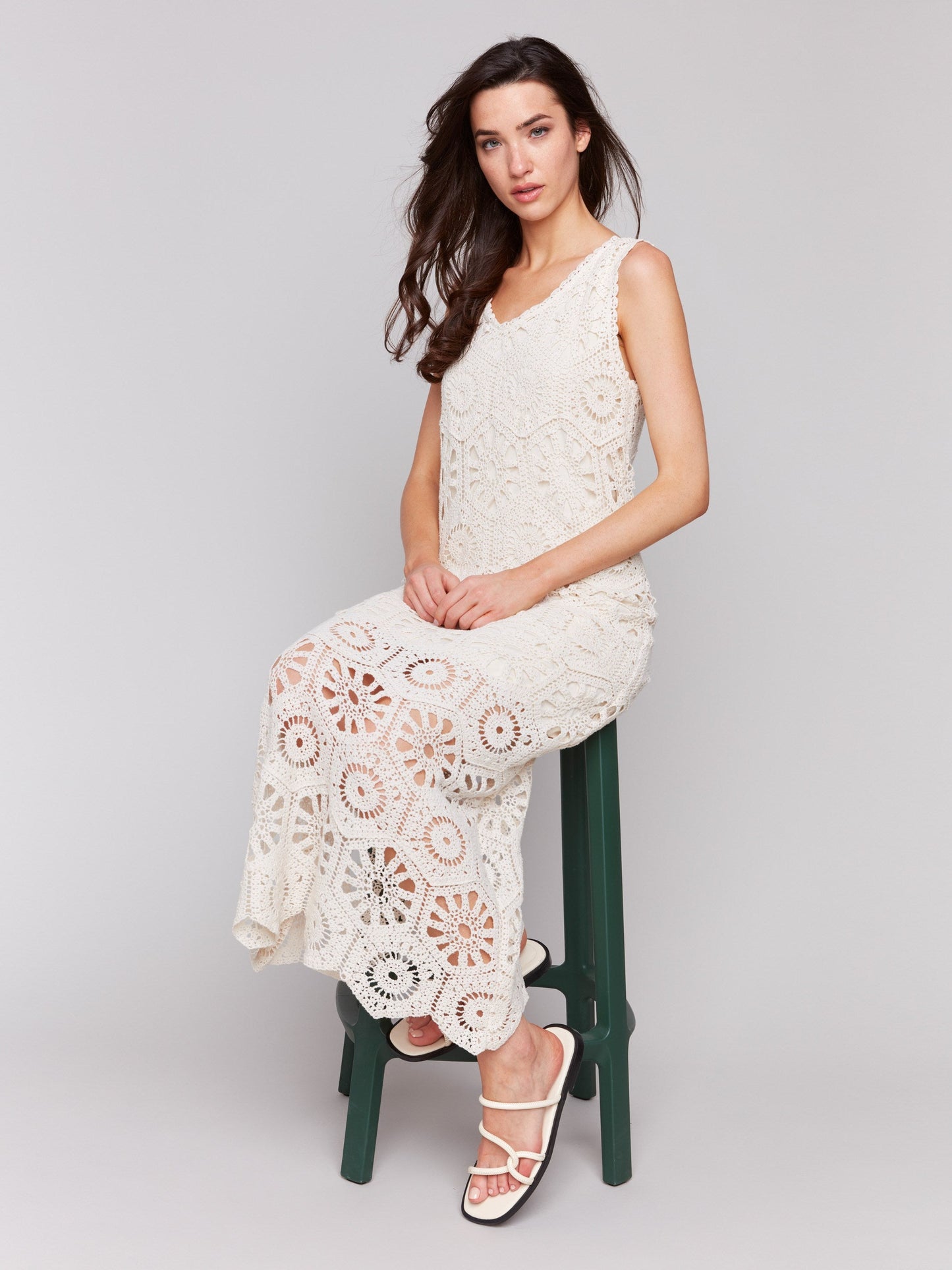 Cotton Crochet Sleeveless Maxi Dress - Natural