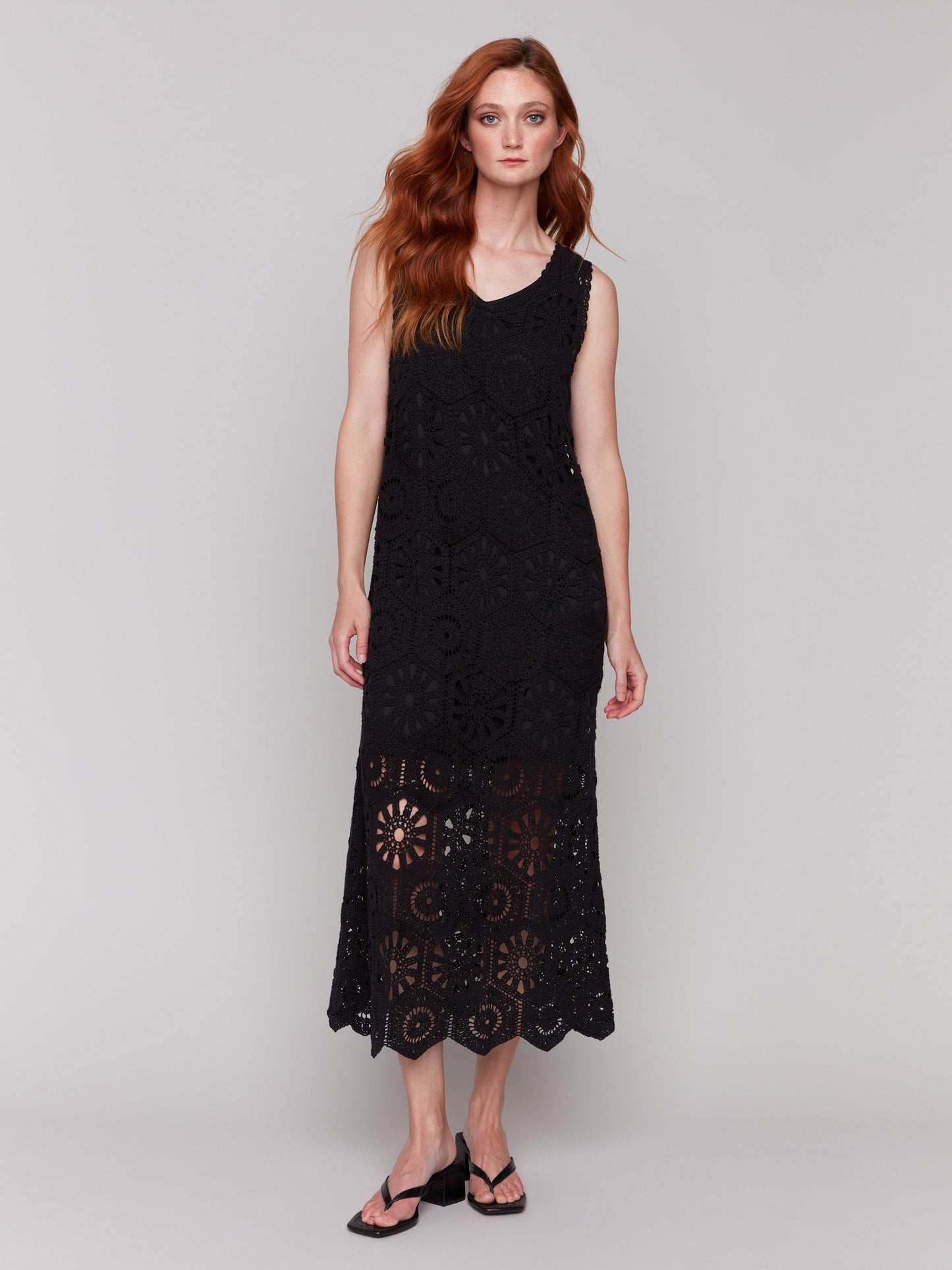 Cotton Crochet Sleeveless Maxi Dress - Black