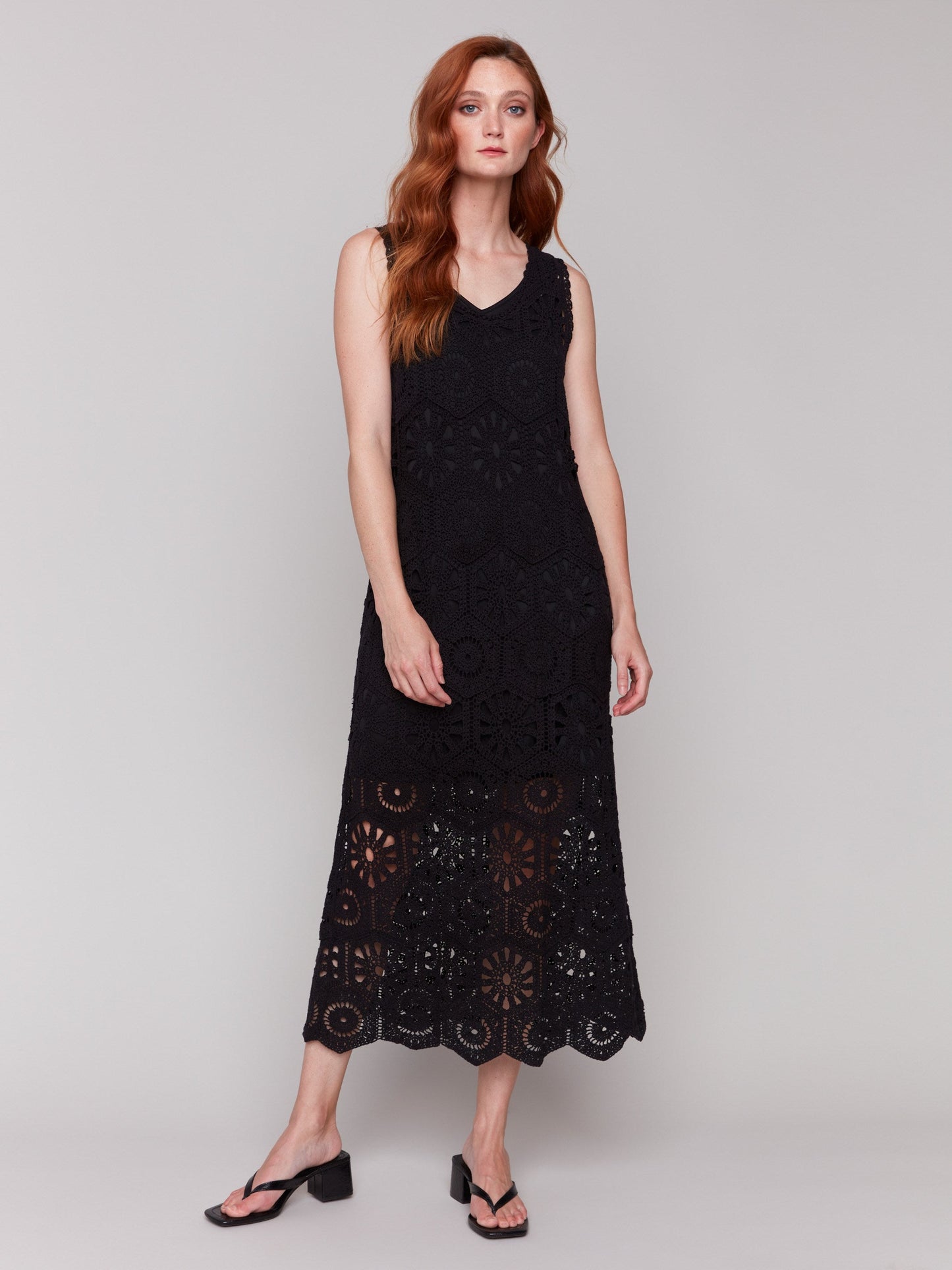 Cotton Crochet Sleeveless Maxi Dress - Black