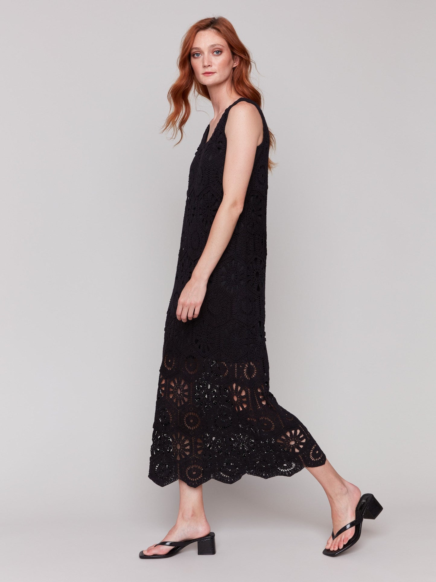Cotton Crochet Sleeveless Maxi Dress - Black
