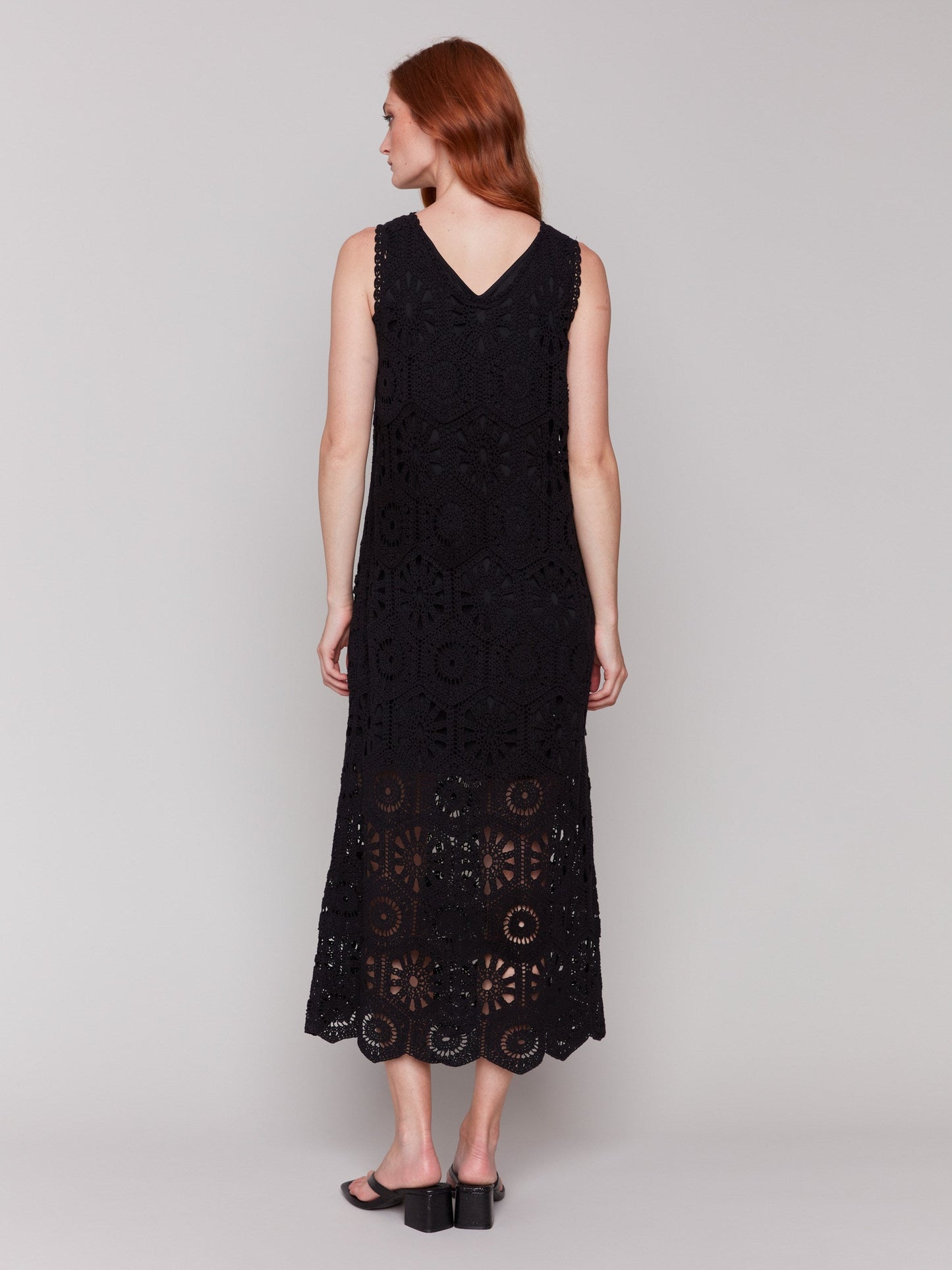 Cotton Crochet Sleeveless Maxi Dress - Black