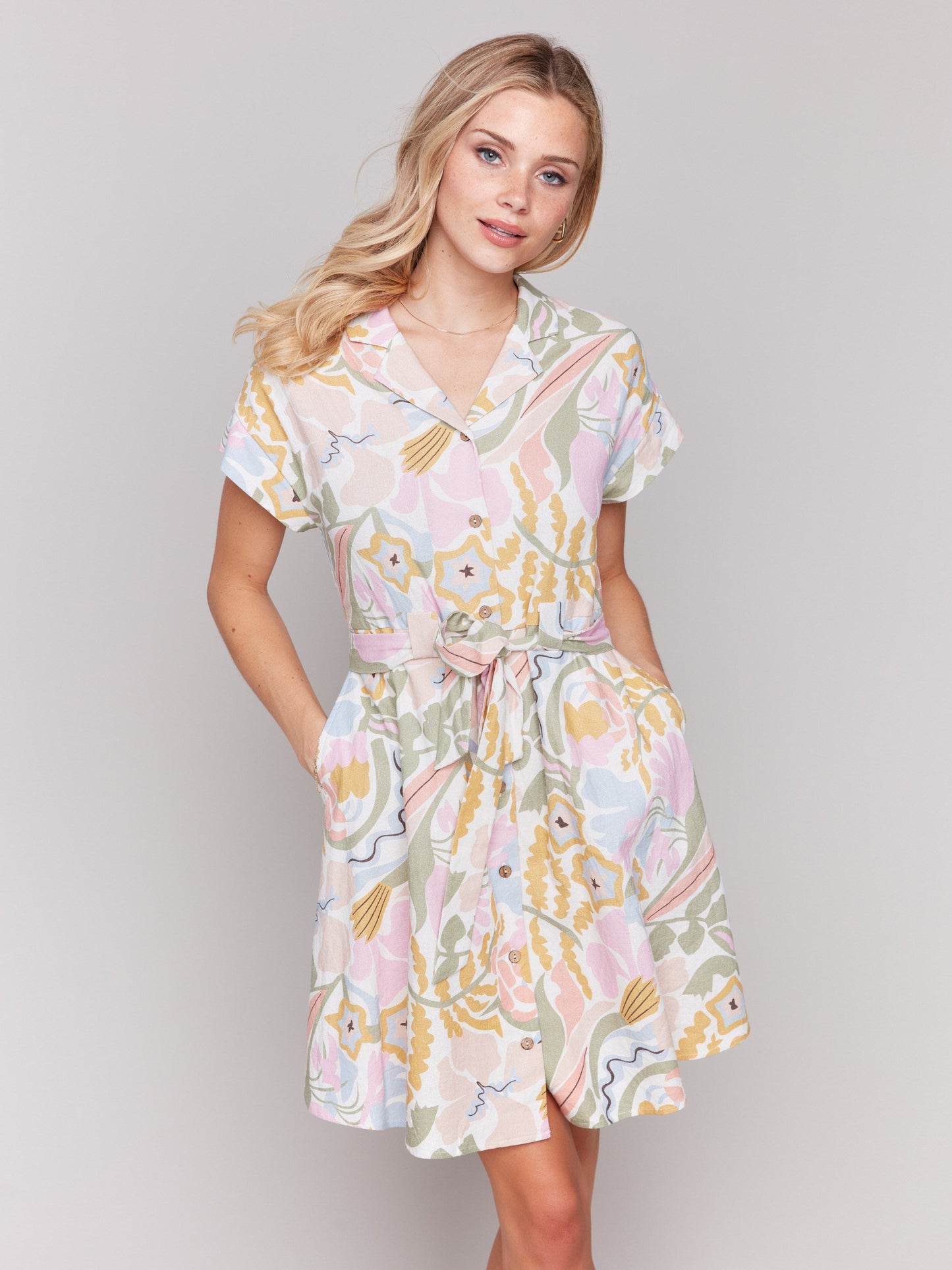 Linen Blend Short Sleeve Button-Front Dress - Pastel