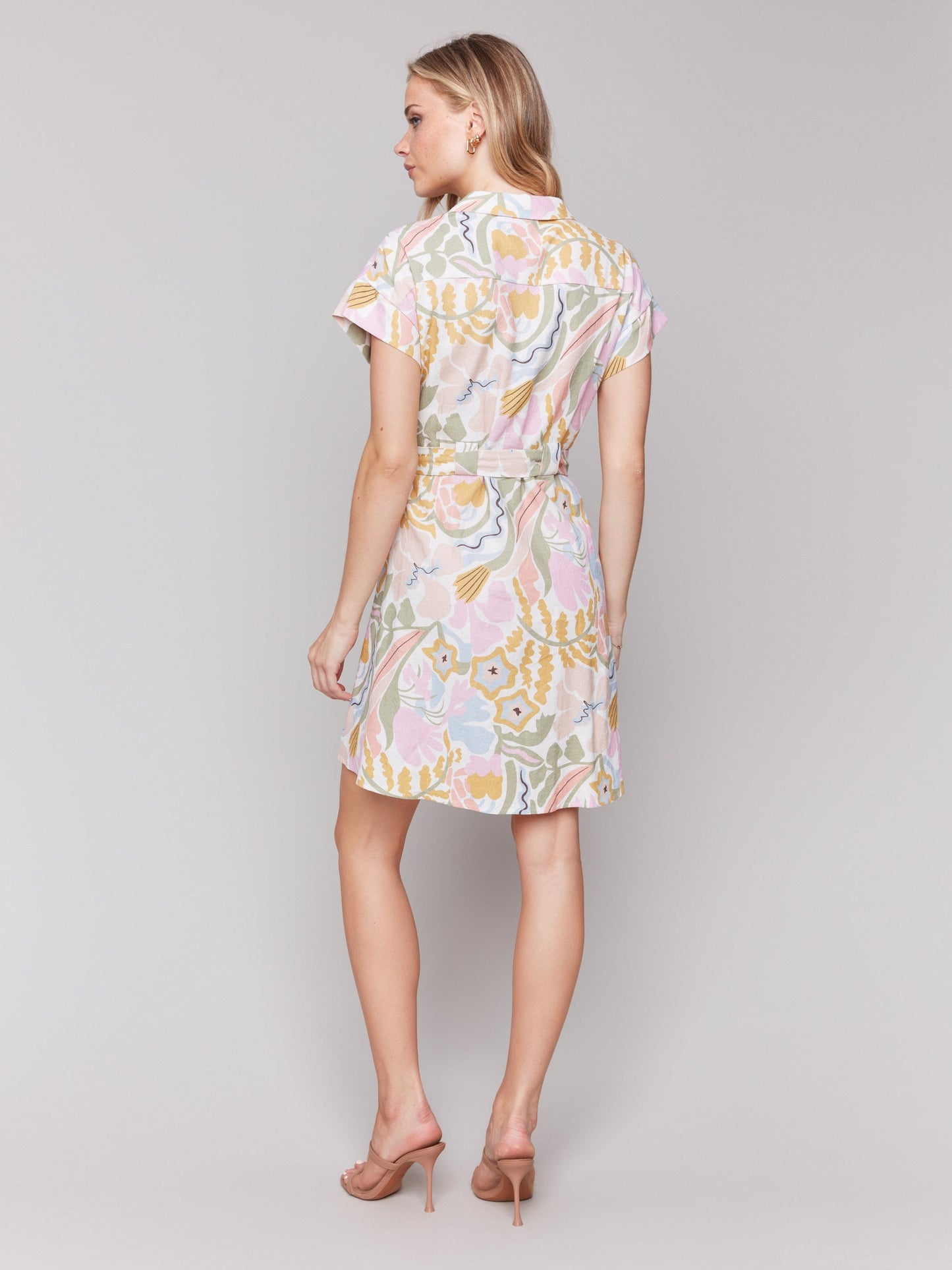 Linen Blend Short Sleeve Button-Front Dress - Pastel