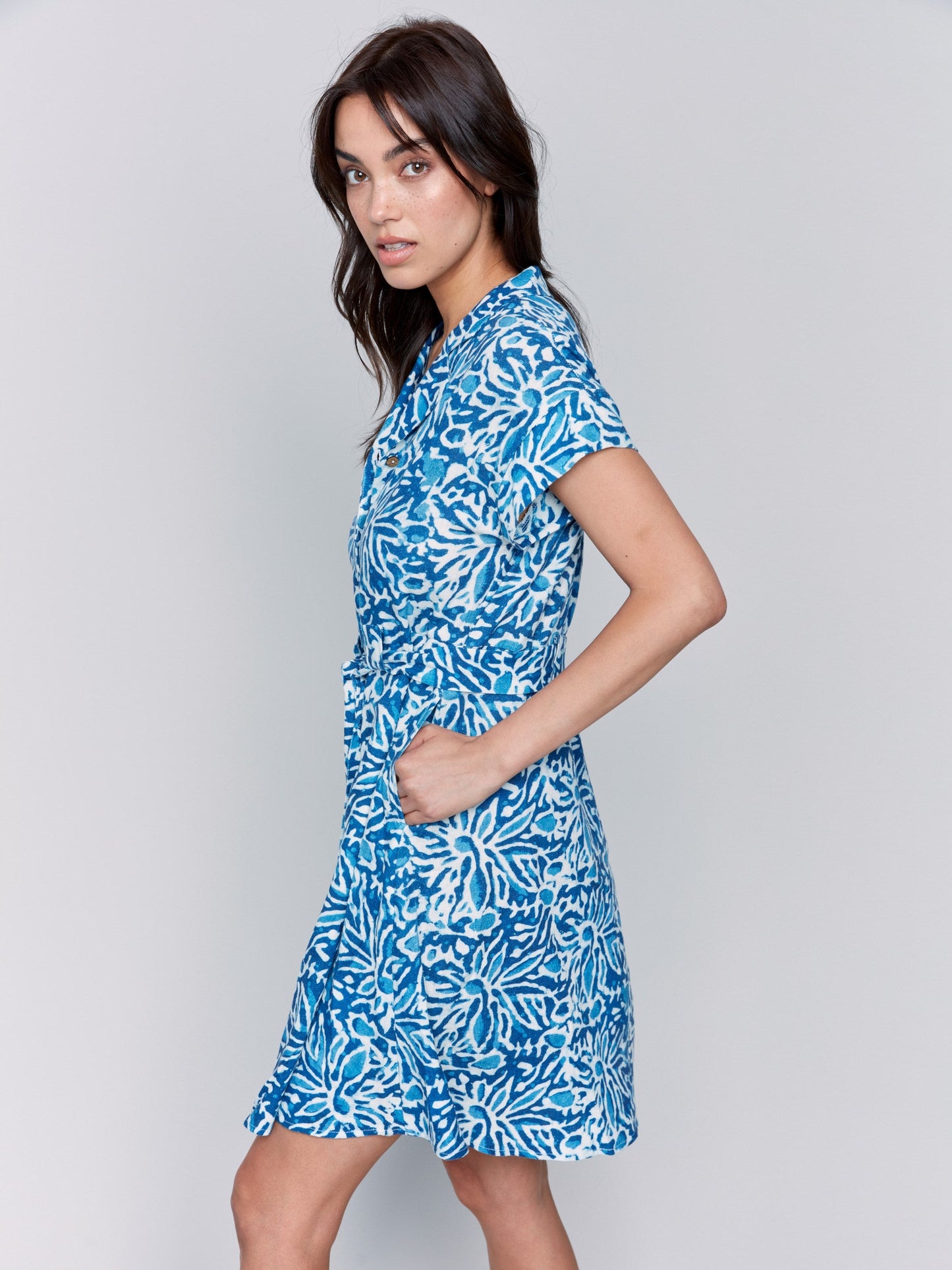 Linen Blend Short Sleeve Button-Front Dress - Reef