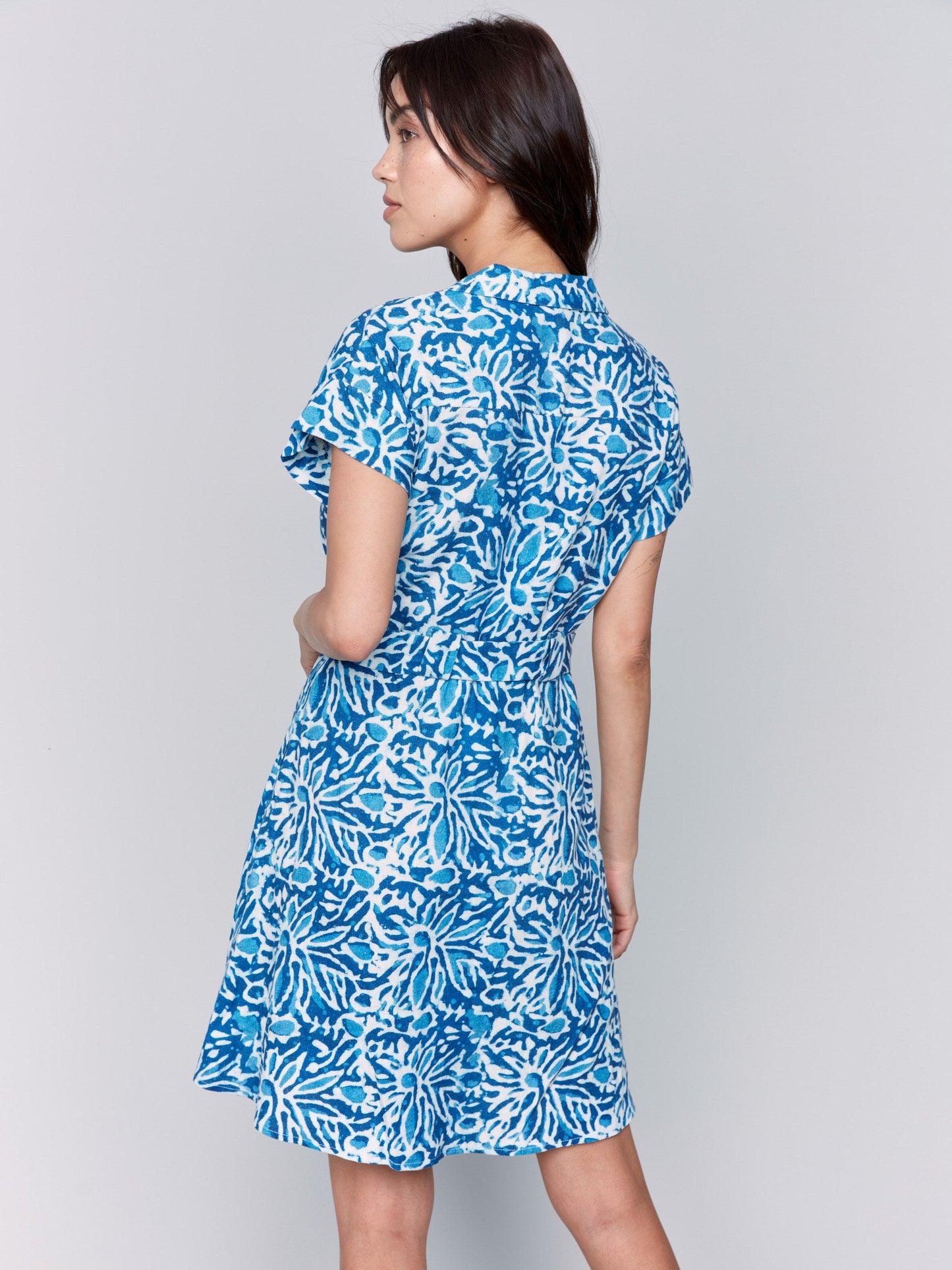 Linen Blend Short Sleeve Button-Front Dress - Reef