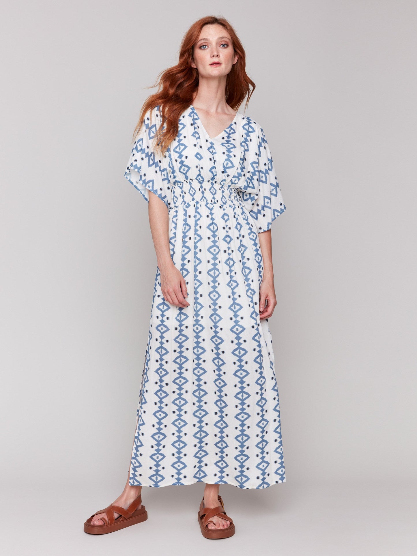 Printed Dolman Sleeve Maxi Dress with Side Slits - Geo