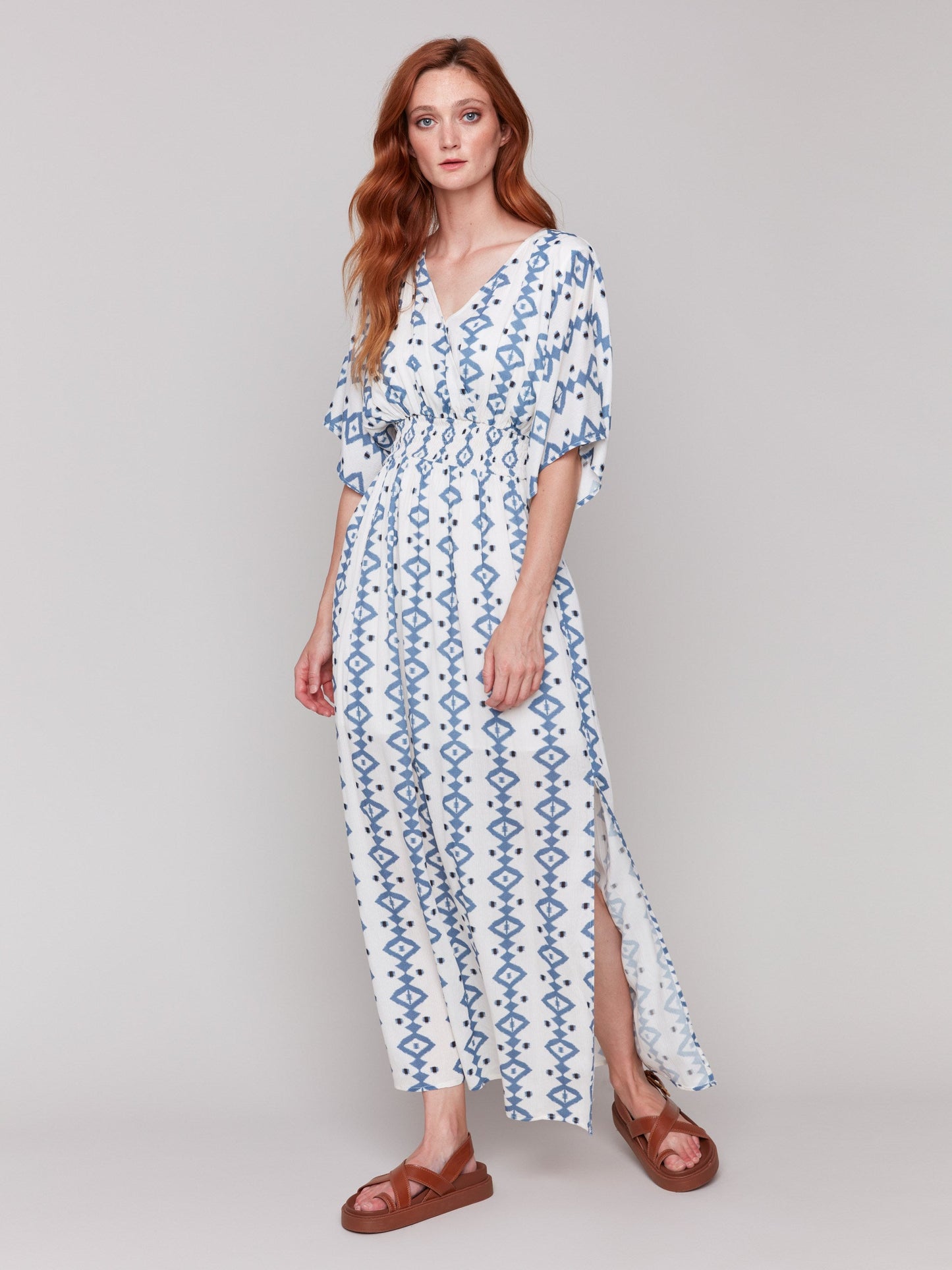 Printed Dolman Sleeve Maxi Dress with Side Slits - Geo