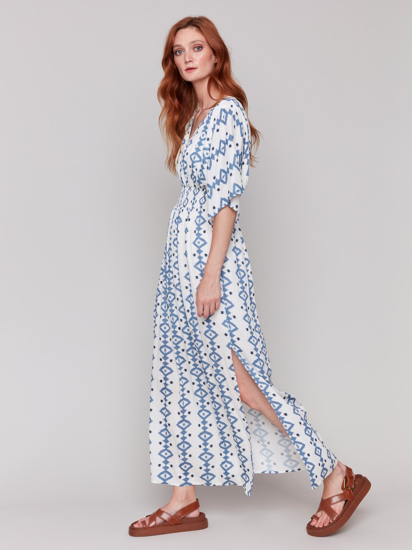 Printed Dolman Sleeve Maxi Dress with Side Slits - Geo