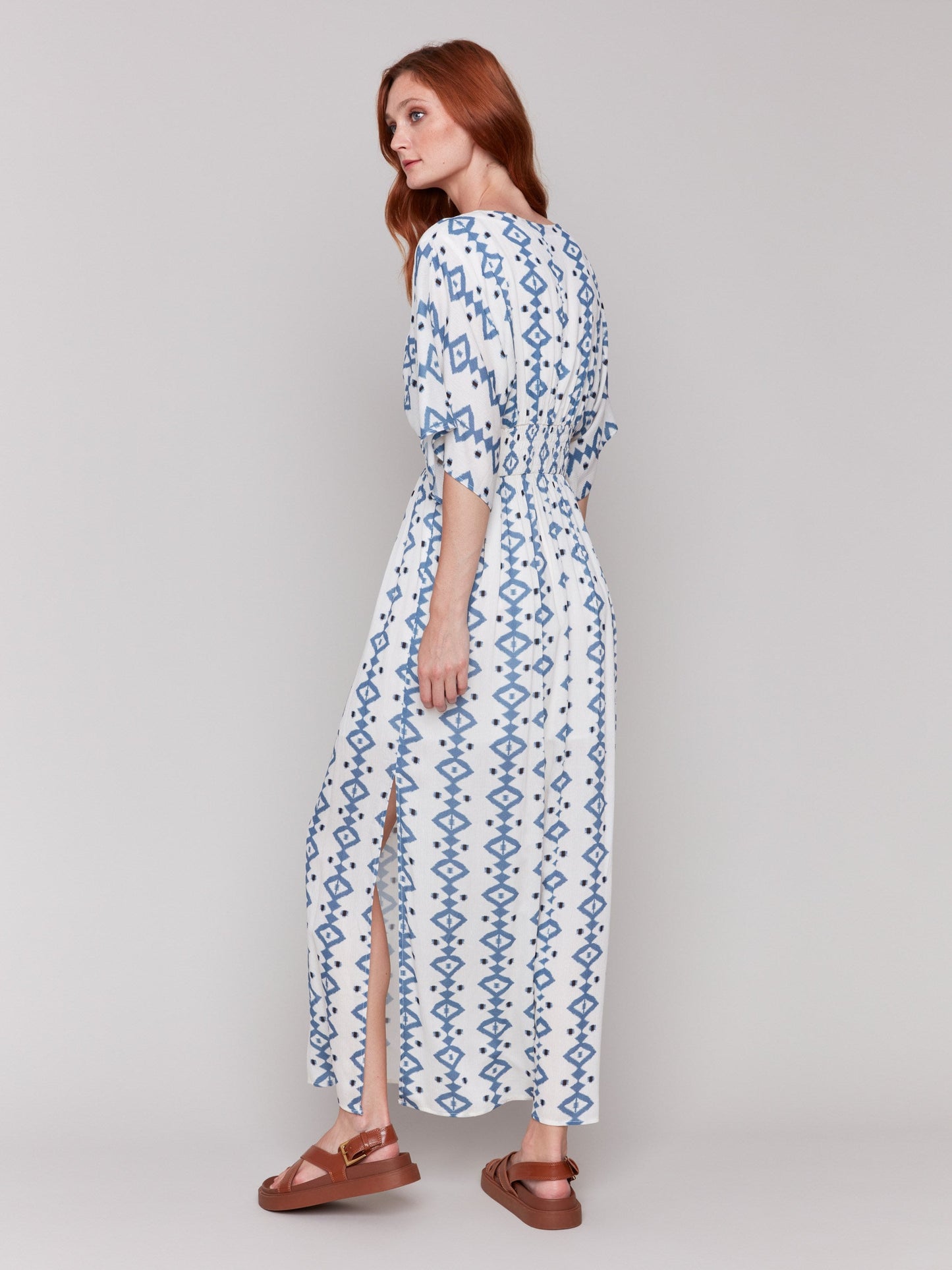 Printed Dolman Sleeve Maxi Dress with Side Slits - Geo