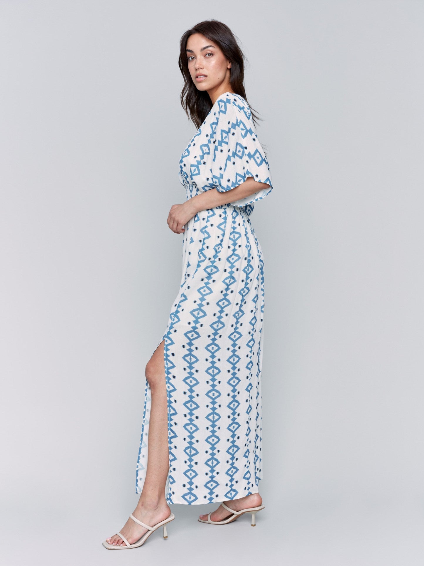 Printed Dolman Sleeve Maxi Dress with Side Slits - Geo