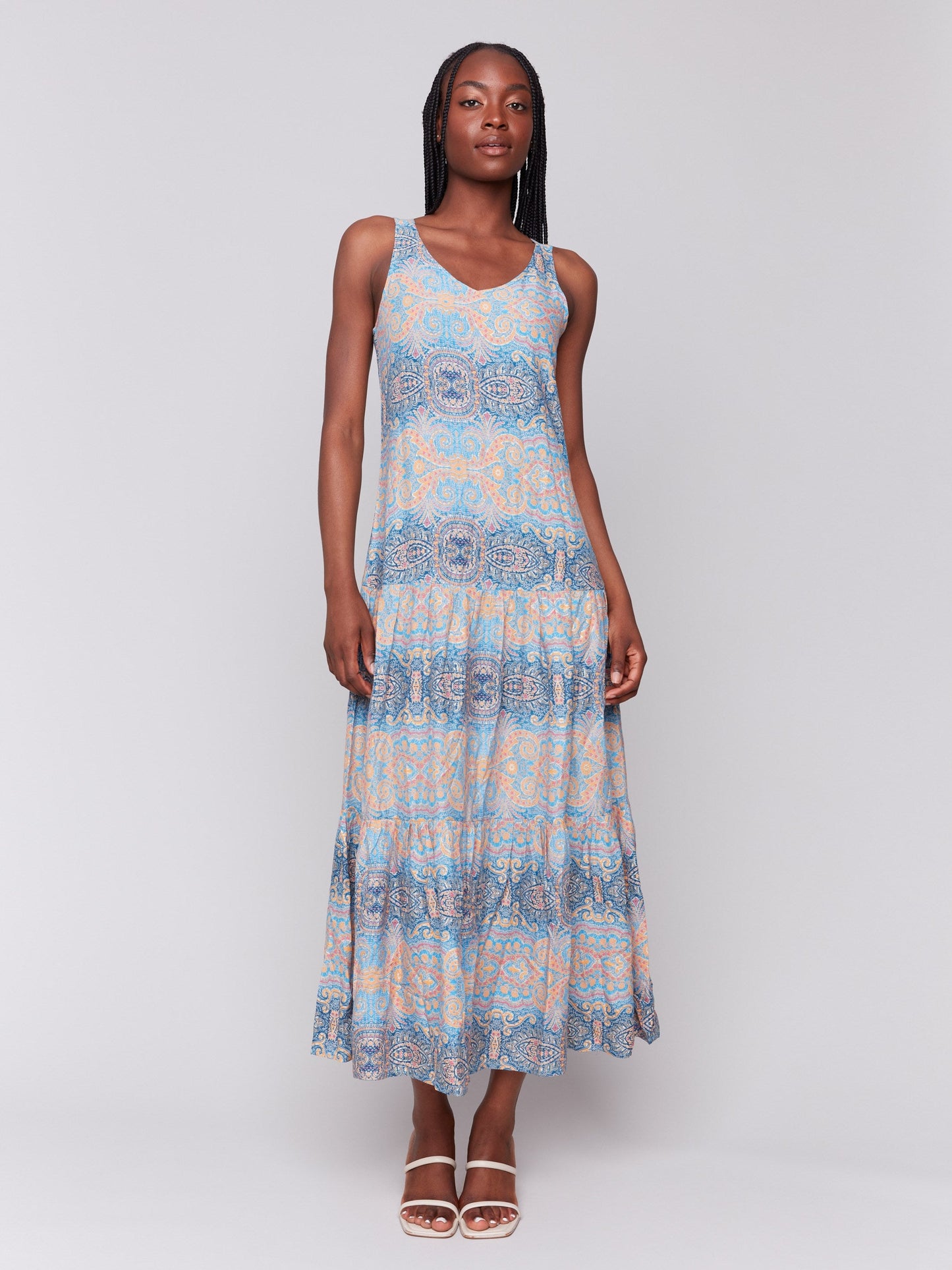 Printed Rayon Tiered Maxi Dress - Papaya