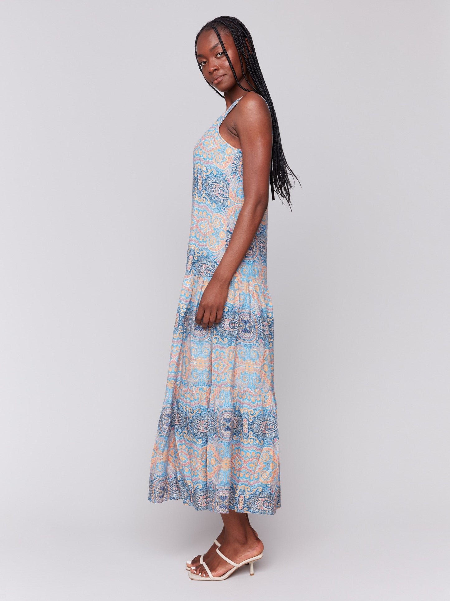 Printed Rayon Tiered Maxi Dress - Papaya