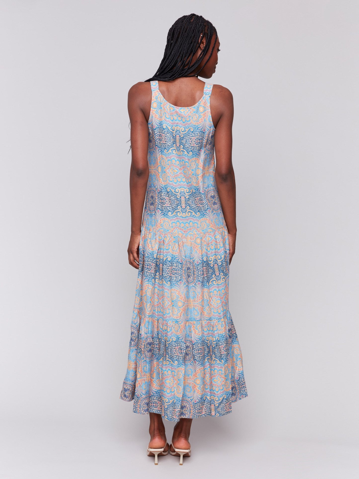 Printed Rayon Tiered Maxi Dress - Papaya