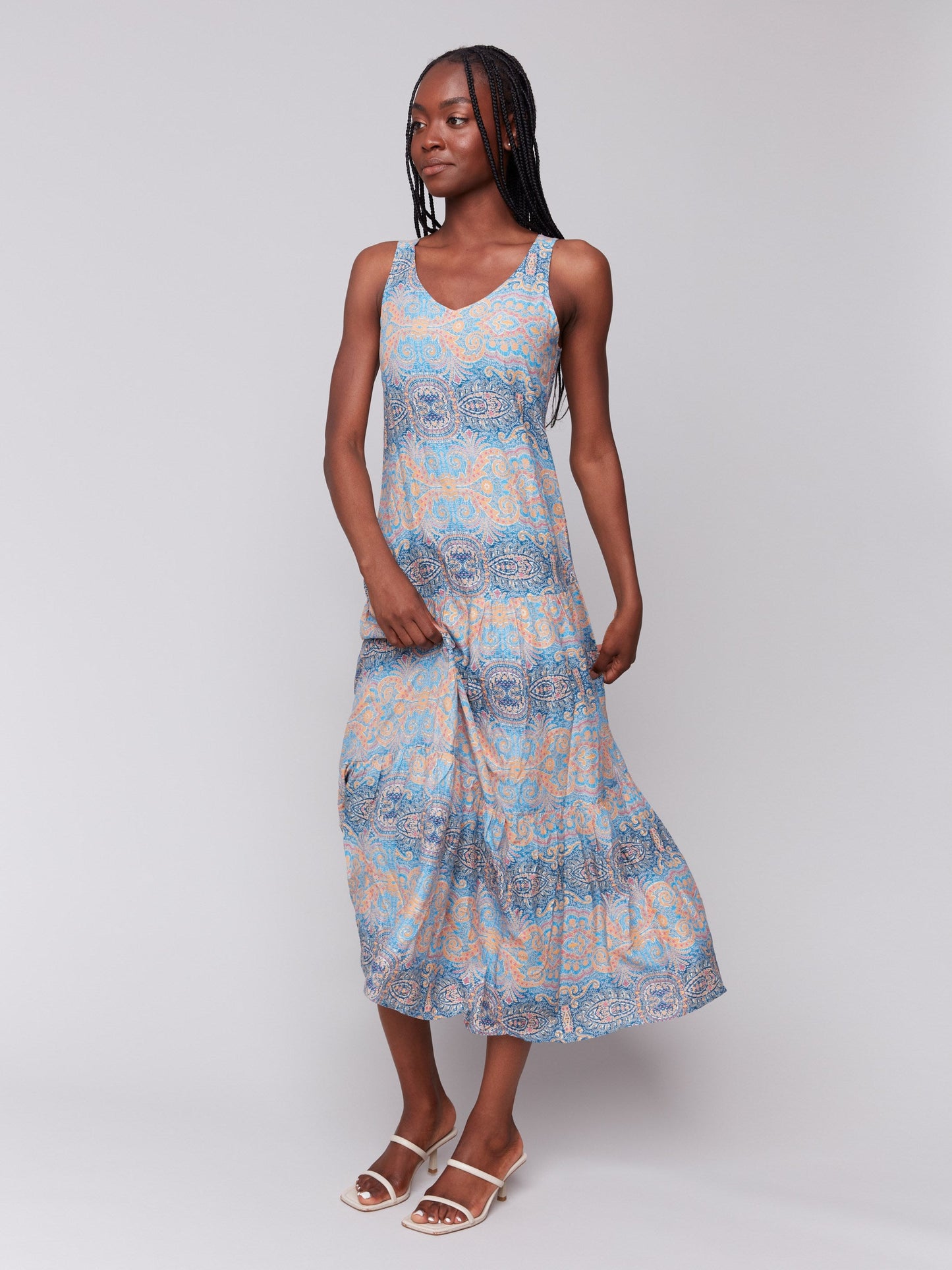 Printed Rayon Tiered Maxi Dress - Papaya