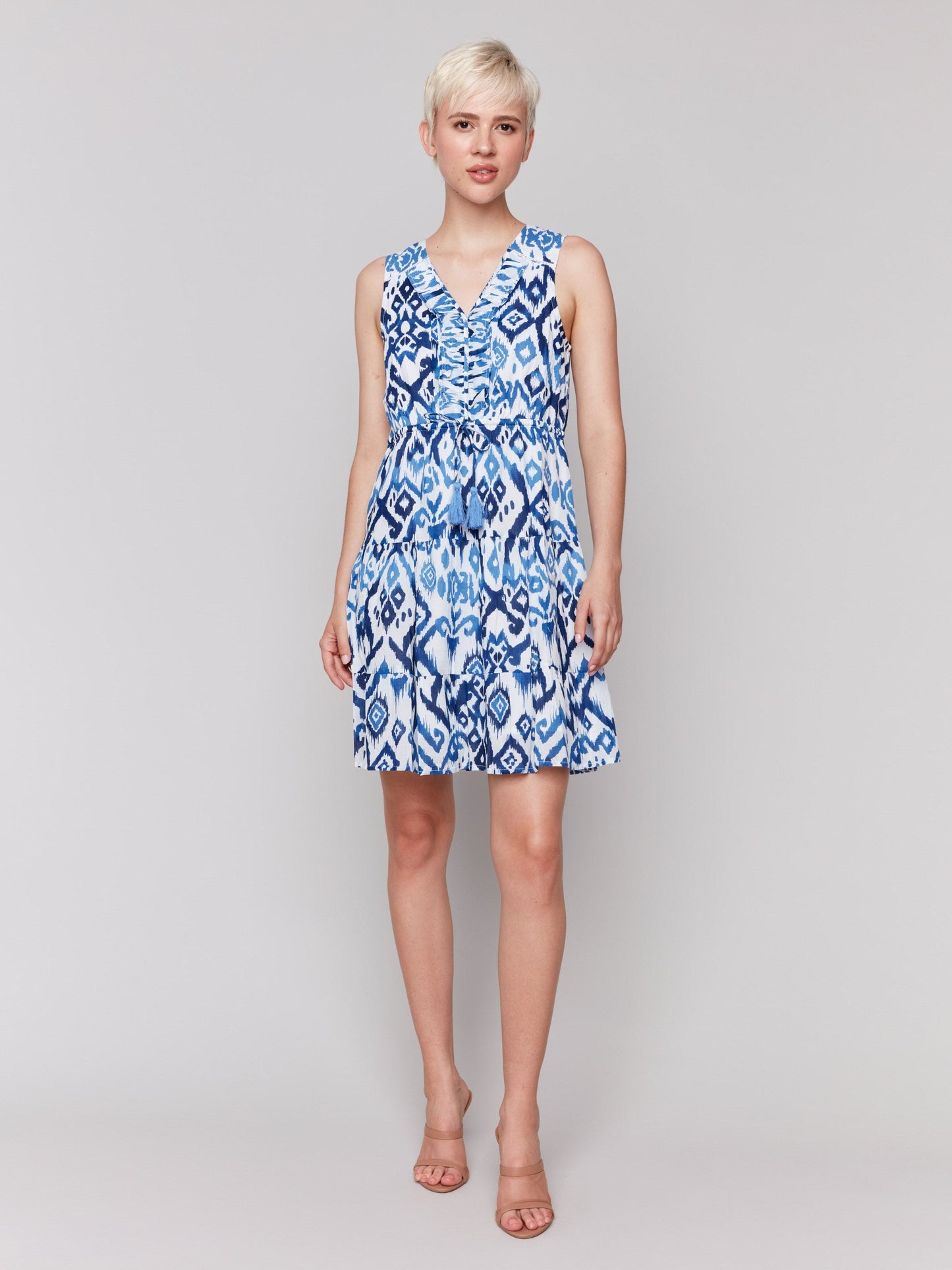 Printed Sleeveless Cotton Ruffle Dress - Ikat
