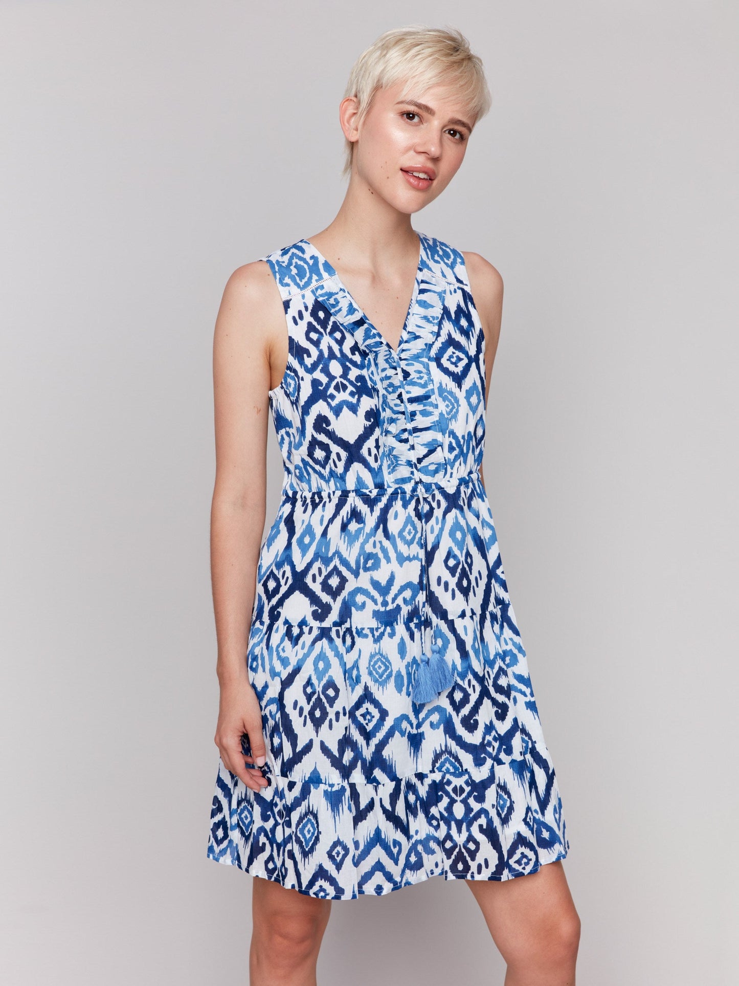Printed Sleeveless Cotton Ruffle Dress - Ikat