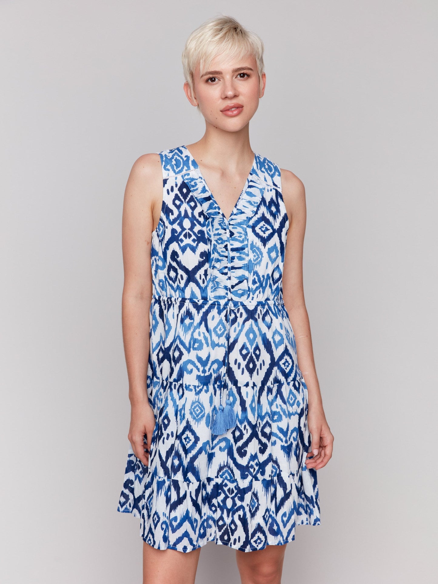 Printed Sleeveless Cotton Ruffle Dress - Ikat