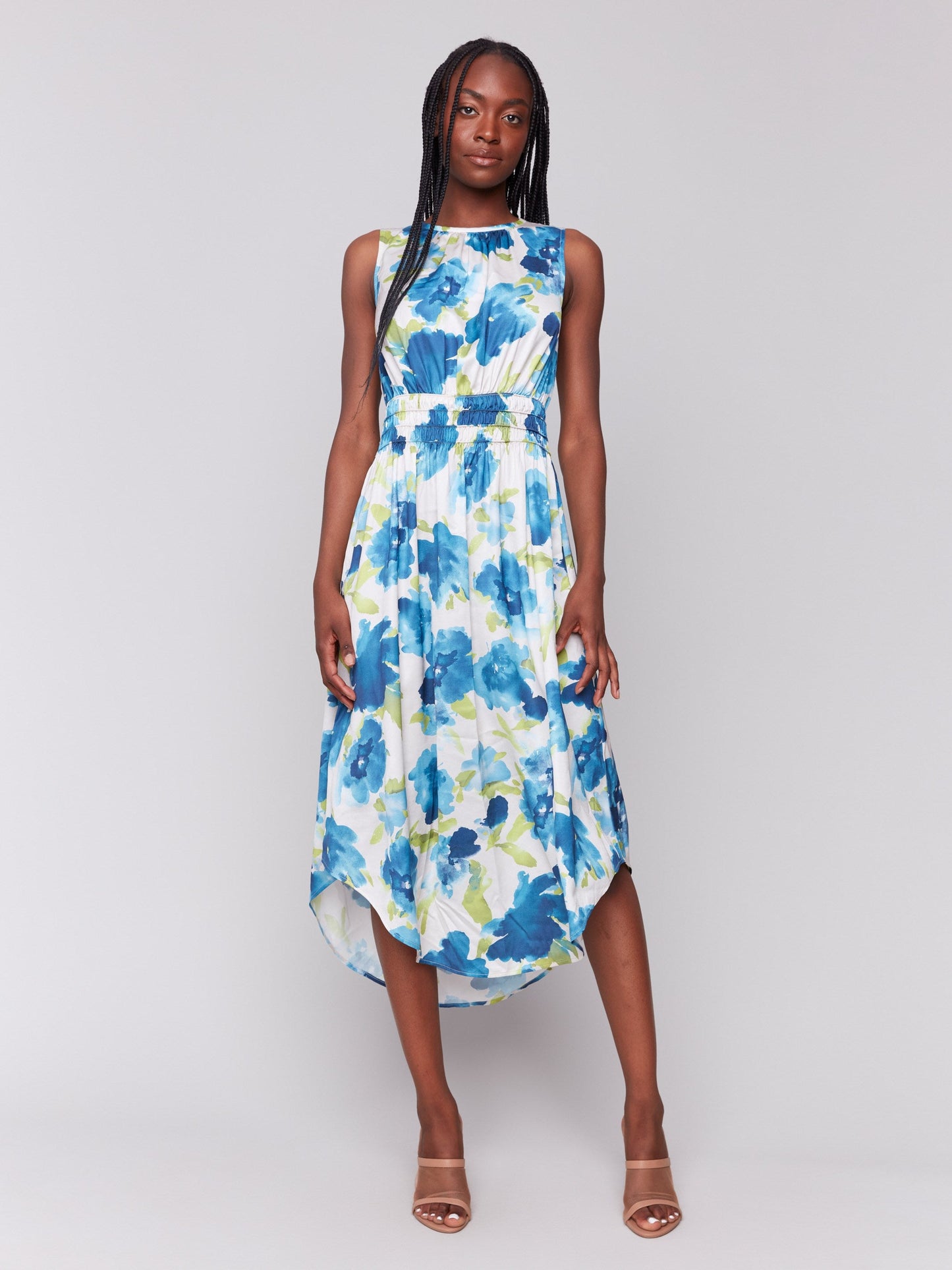 Printed Sleeveless Flowy Satin Dress - Lime