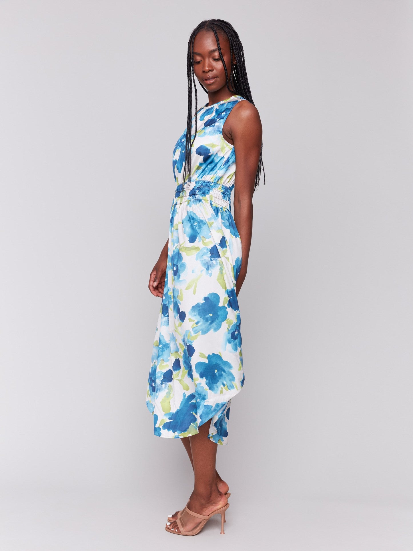 Printed Sleeveless Flowy Satin Dress - Lime