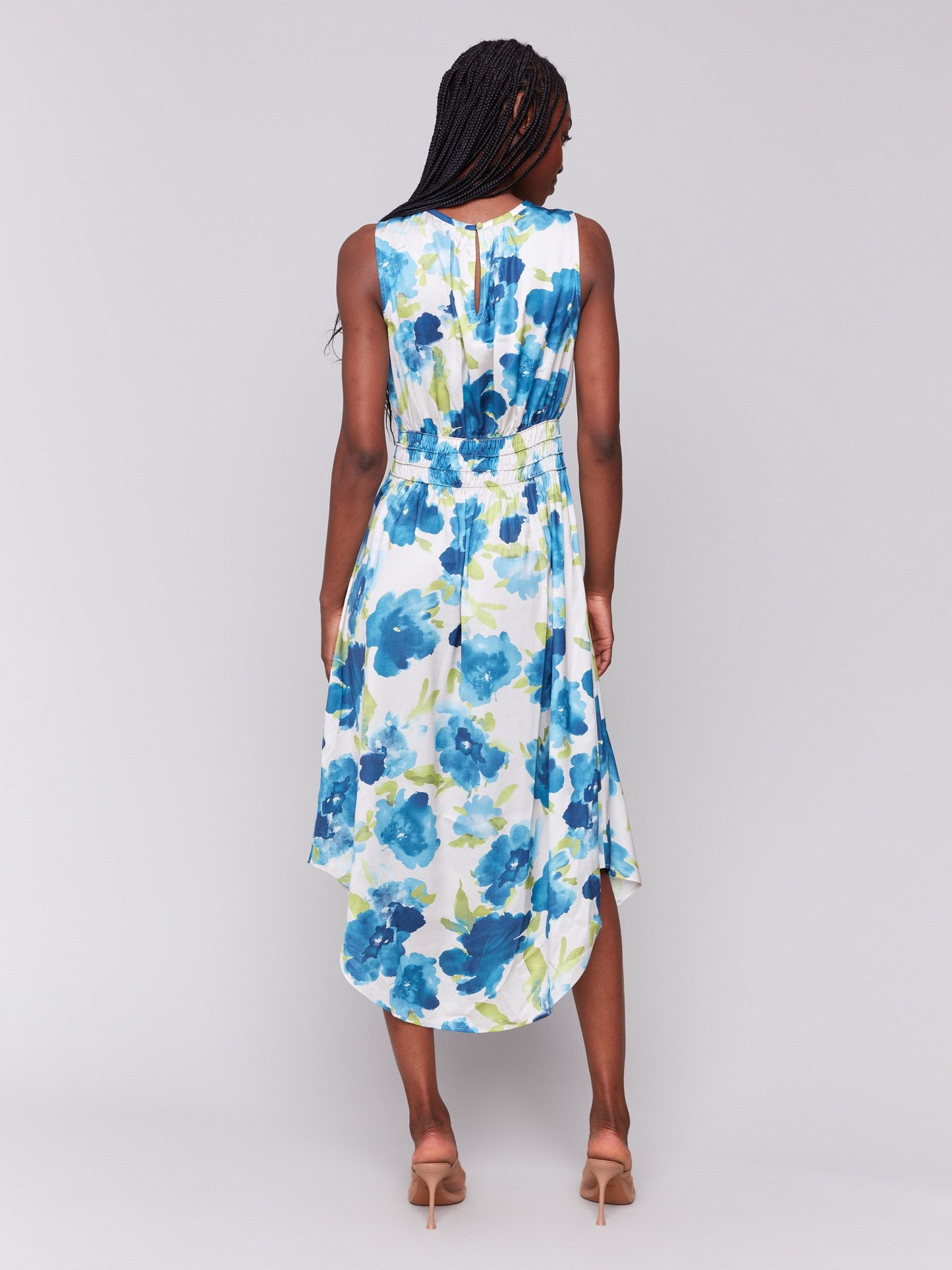 Printed Sleeveless Flowy Satin Dress - Lime