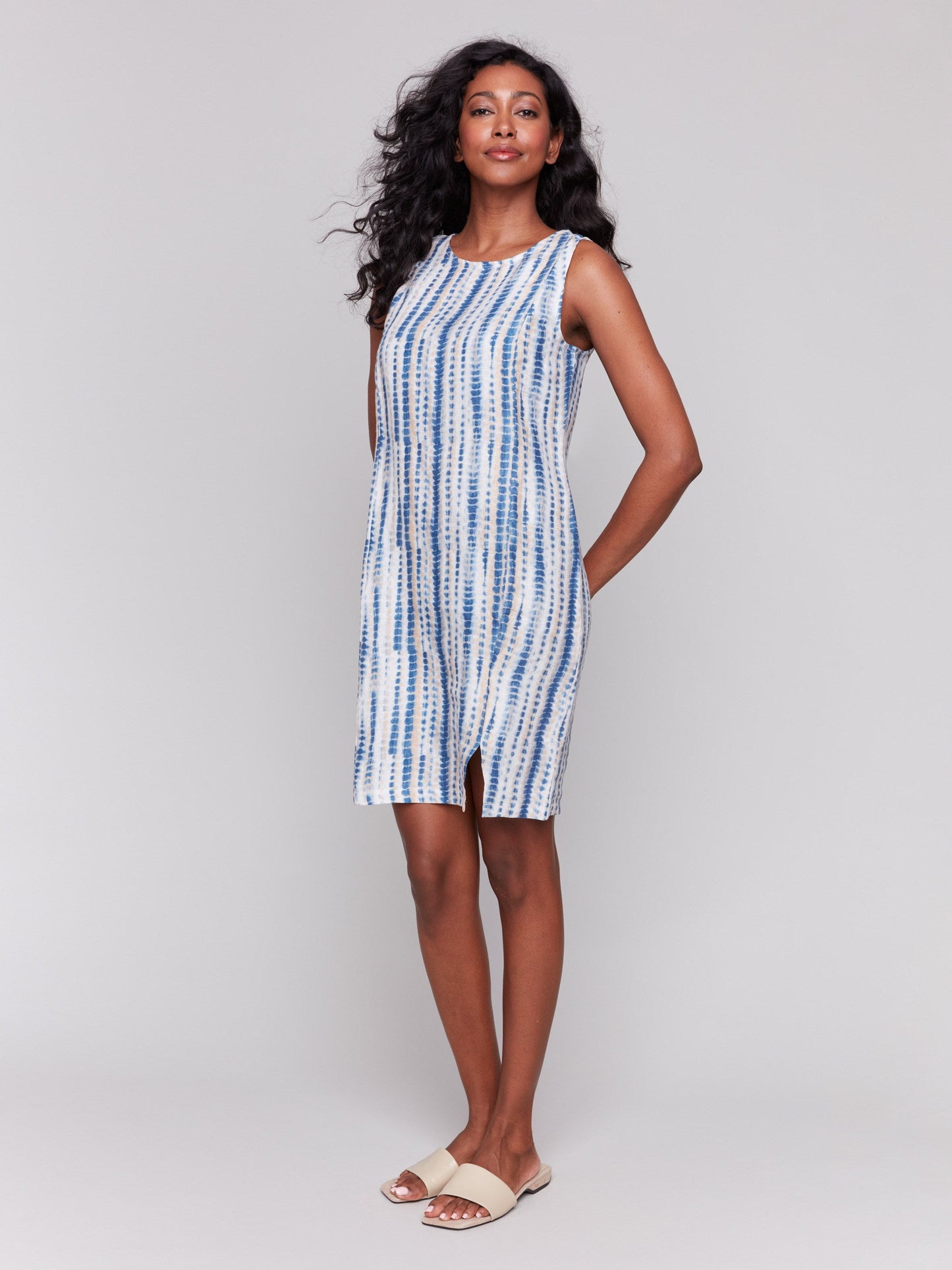 Printed Sleeveless Linen Blend Dress - Beach