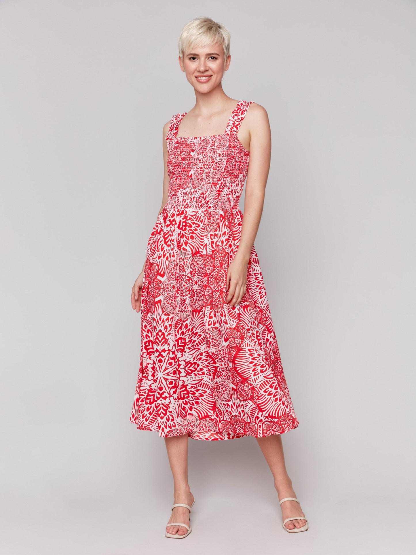 Printed Sleeveless Midi Dress with Shirring Detail - Fiesta