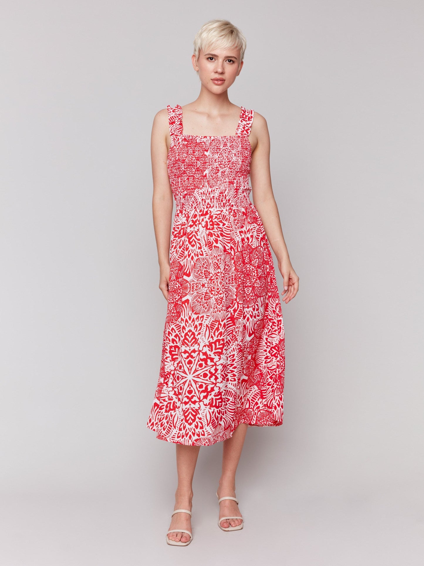 Printed Sleeveless Midi Dress with Shirring Detail - Fiesta
